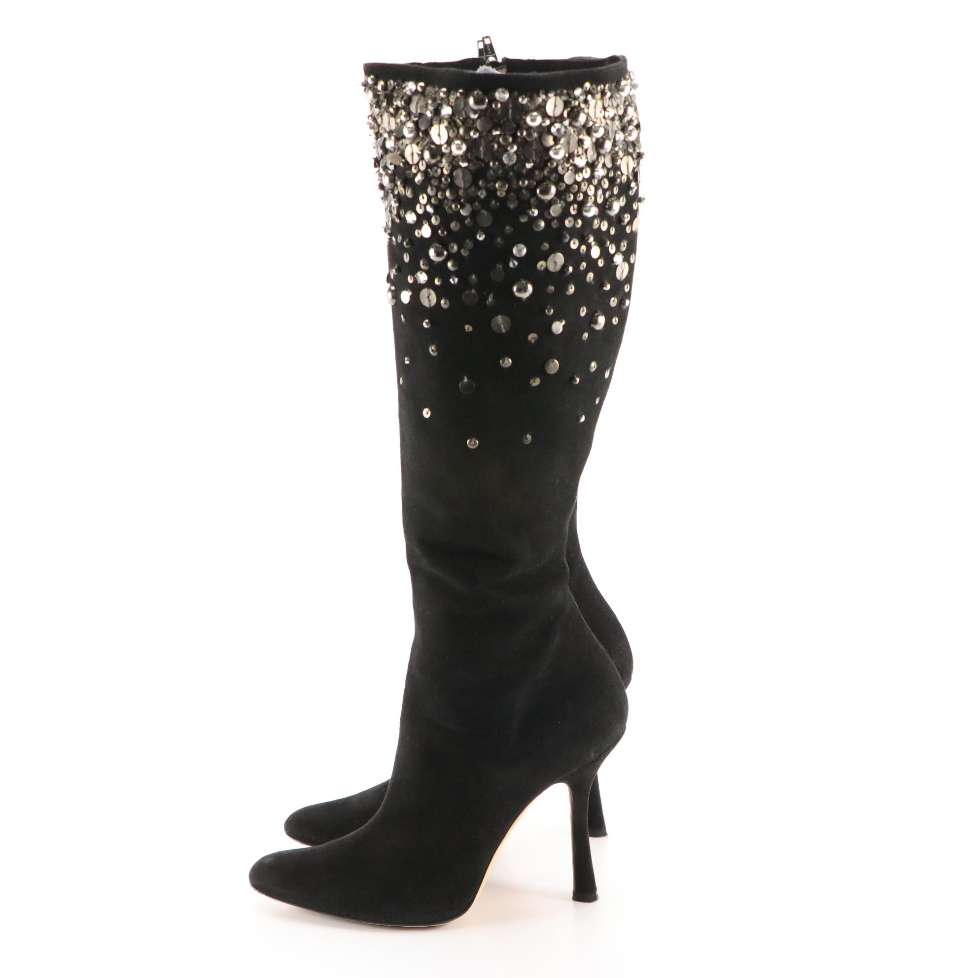 Oscar De La Renta Black Suede Sequin Embellished Pointed-Toe Boots in Box