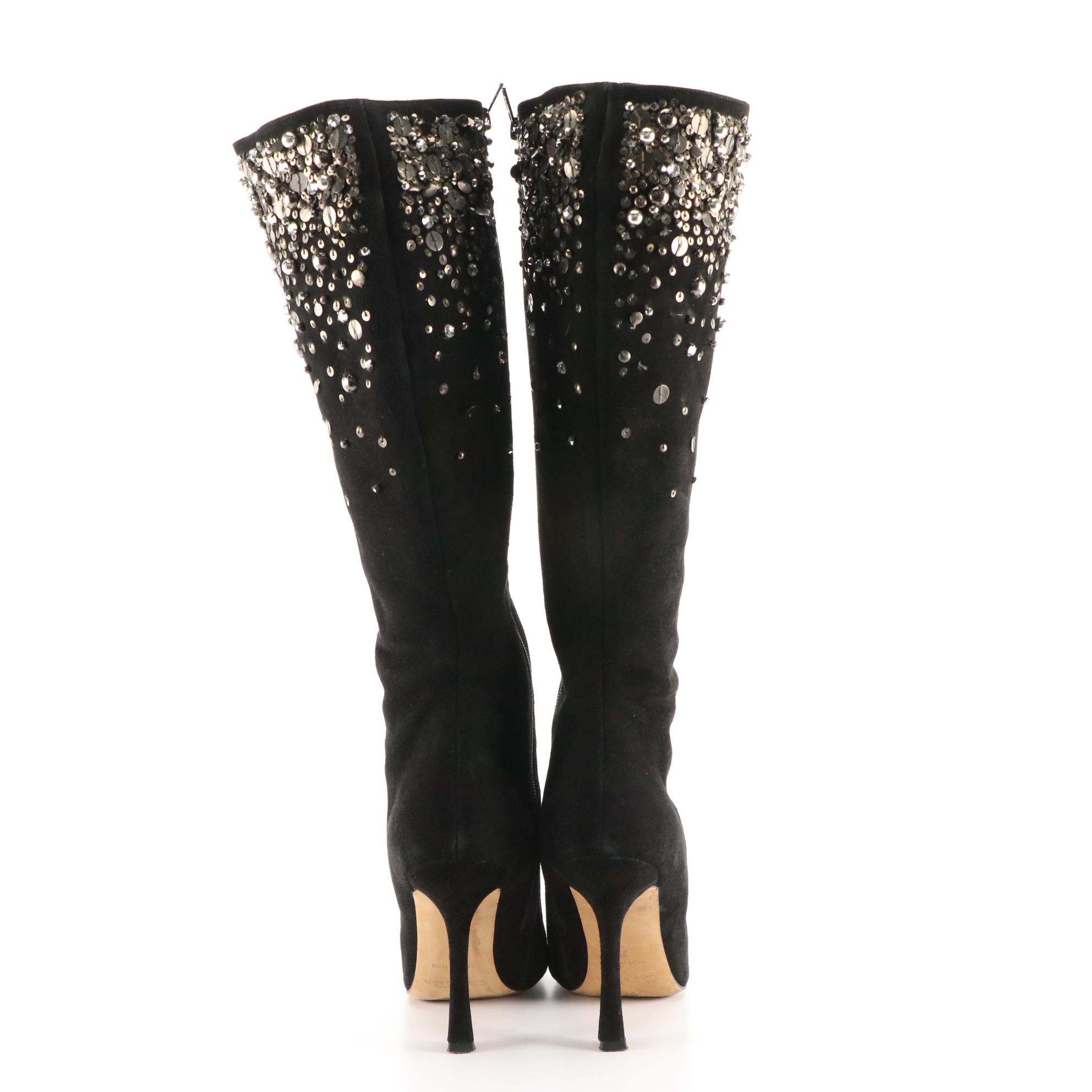 Oscar De La Renta Black Suede Sequin Embellished Pointed-Toe Boots in Box
