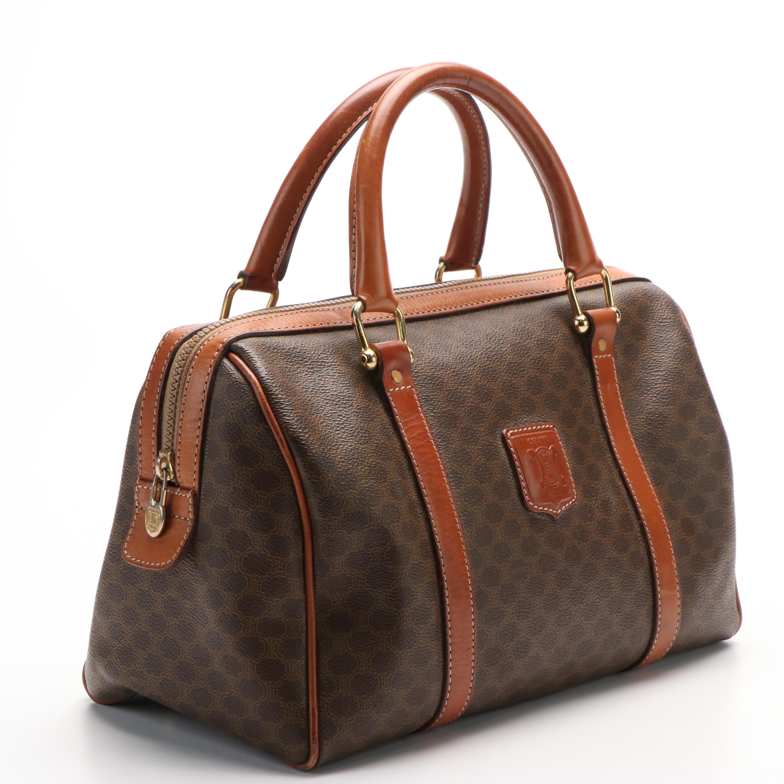 Celine Macadam Boston Bag in Brown Coated Canvas
