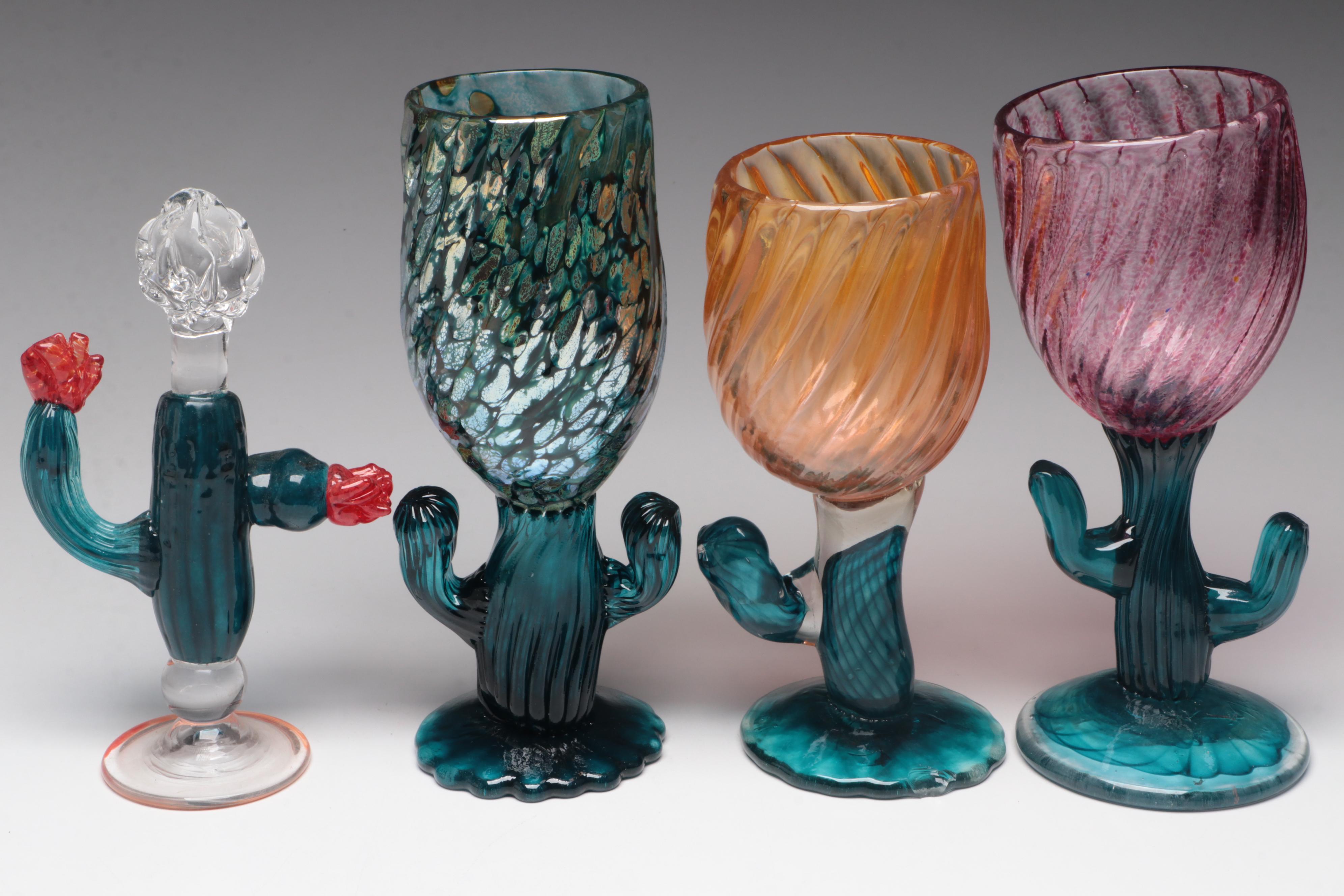 Optic Mold Blown Multicolor Studio Art Glass Cactus Goblets and Cactus Figurine