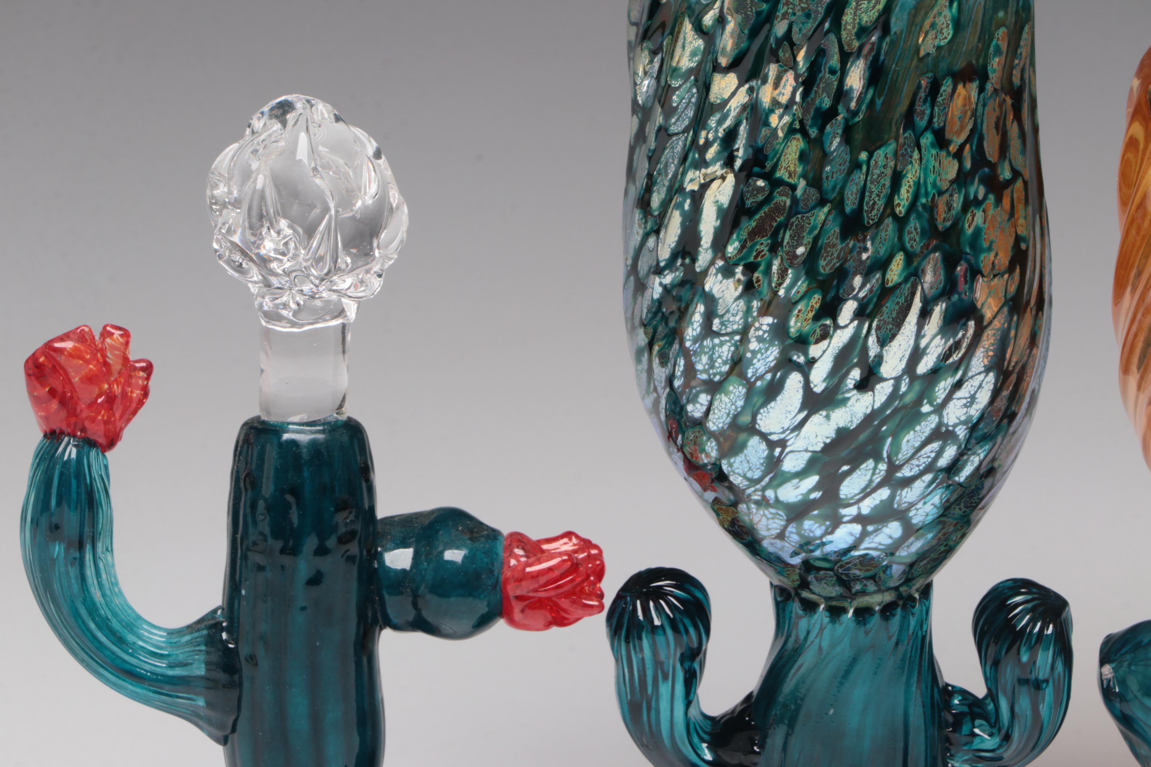 Optic Mold Blown Multicolor Studio Art Glass Cactus Goblets and Cactus Figurine