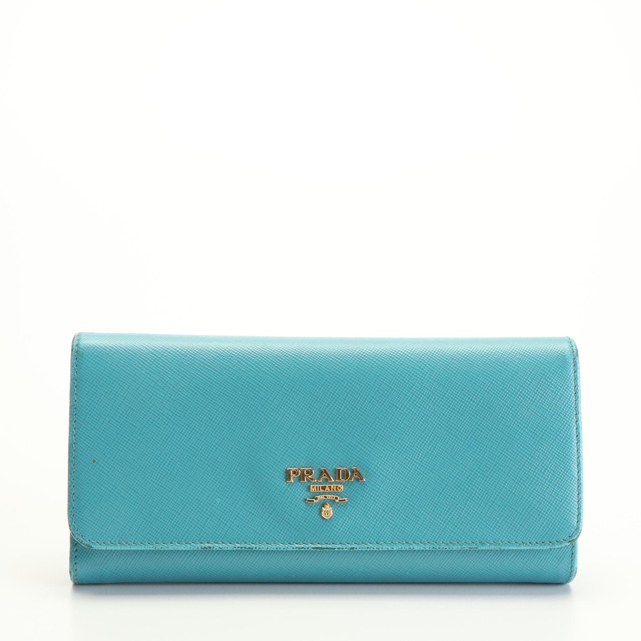 Prada Turquoise Saffiano Leather Long Wallet