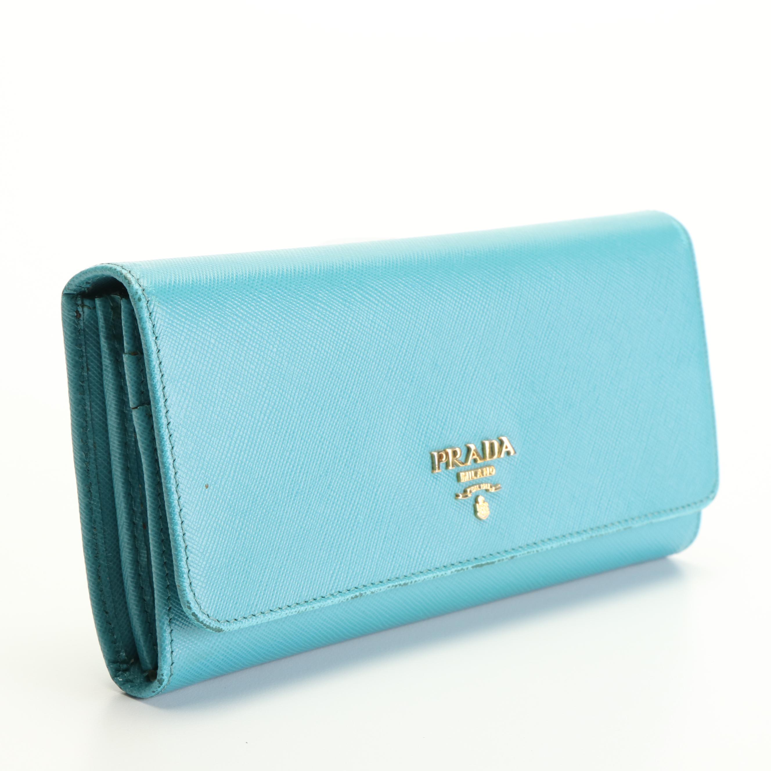 Prada Turquoise Saffiano Leather Long Wallet