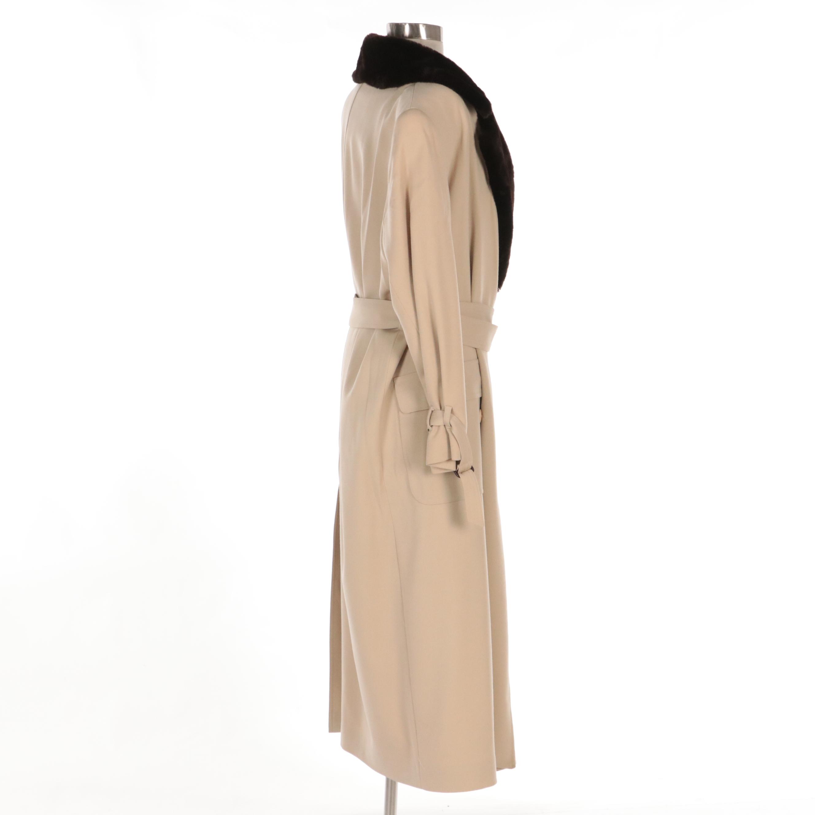 Anne Klein II Beige Wool Belted Double-Breasted Coat with Brown Faux Fur Lapel