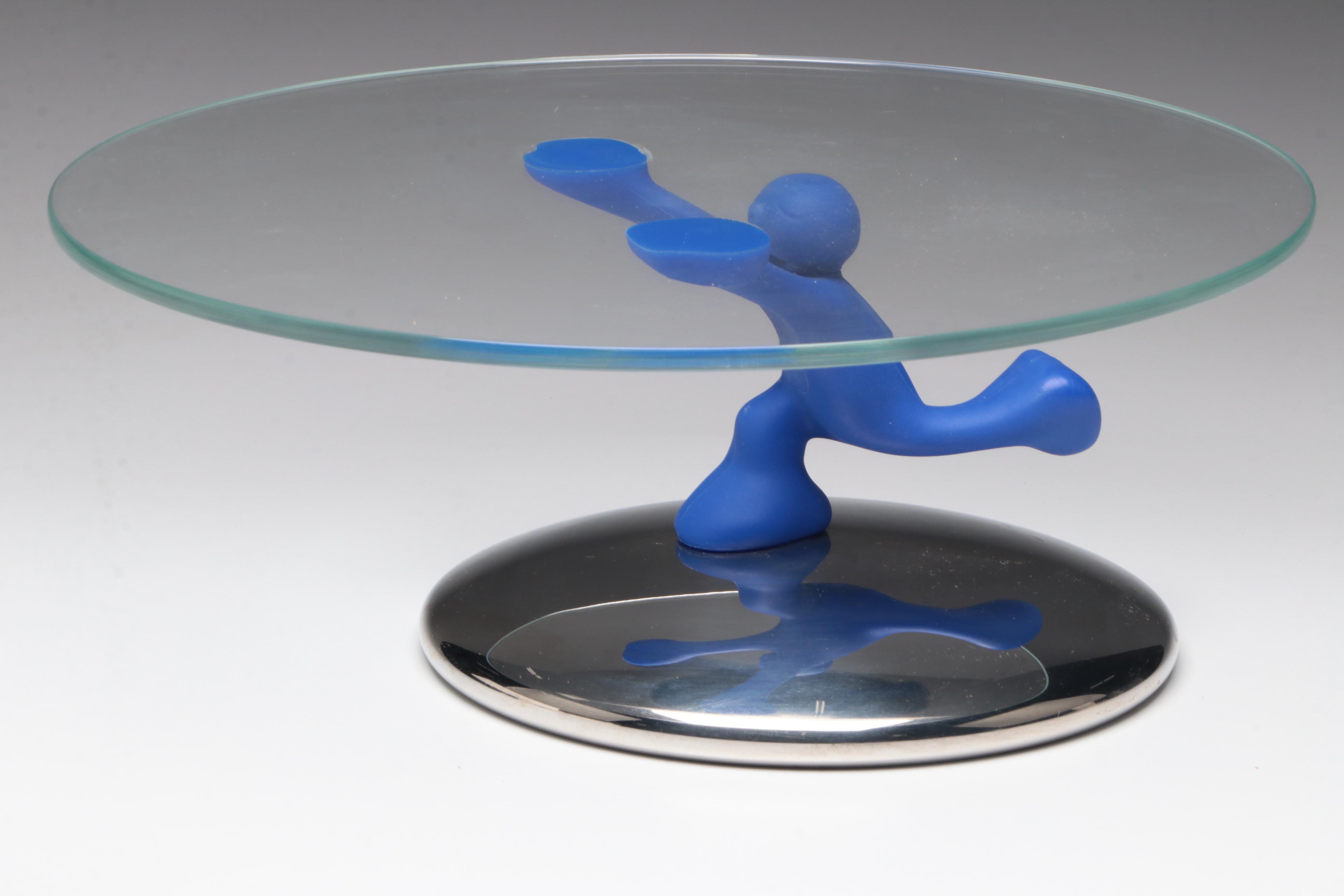 Alessi "Running Man" Cake Stand and ICET Frosted Cobalt Glass Vase