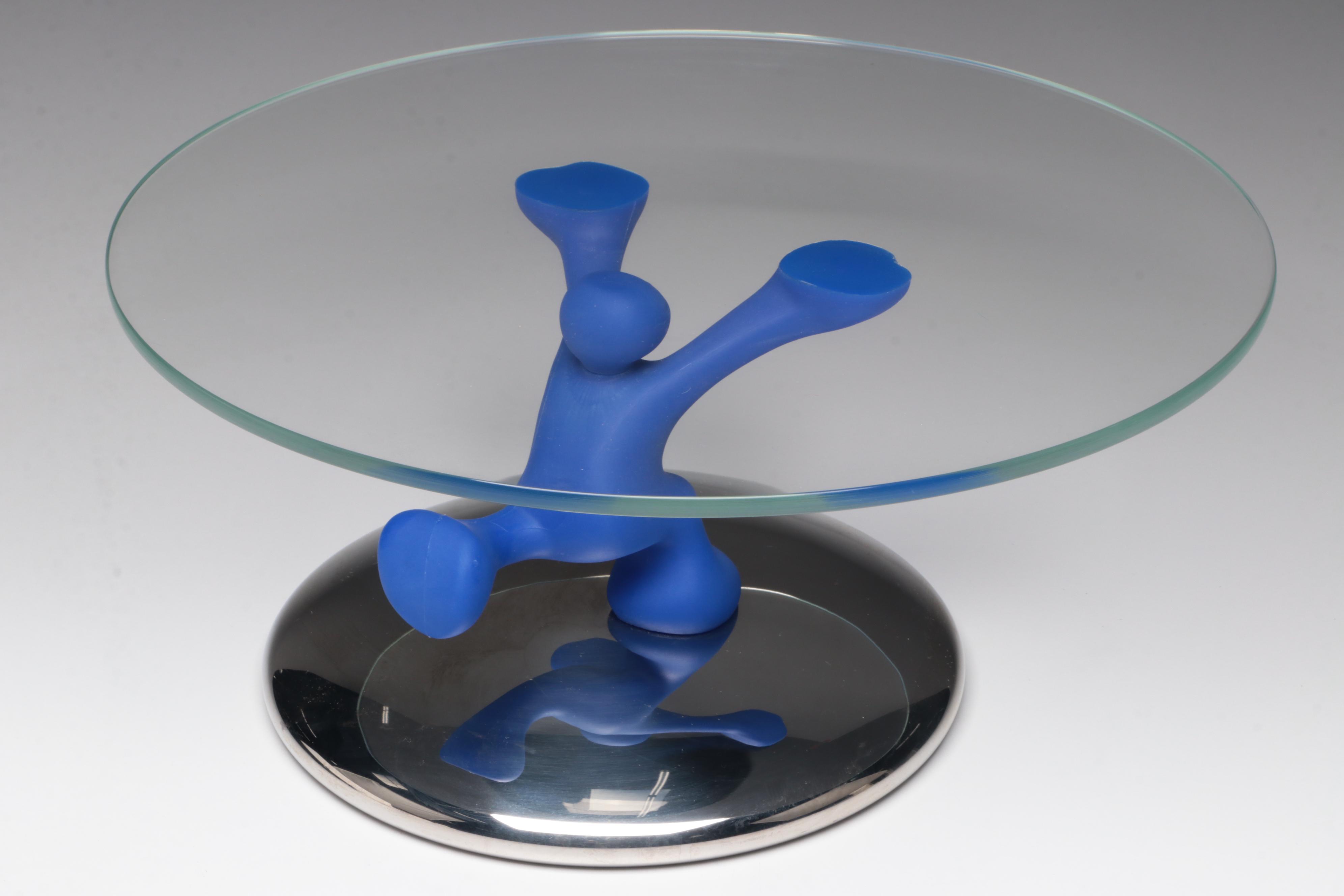 Alessi "Running Man" Cake Stand and ICET Frosted Cobalt Glass Vase