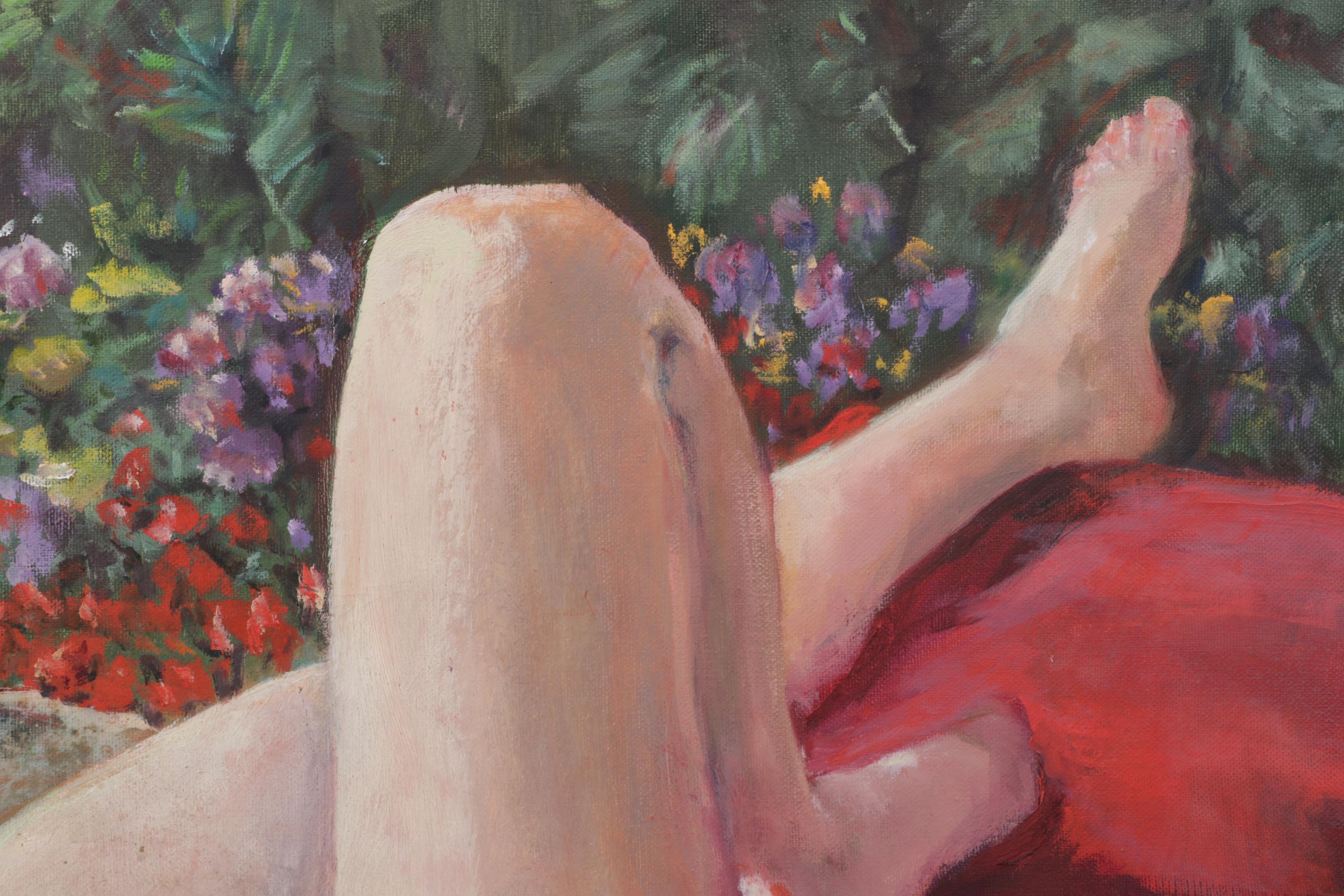 Eleanor Rubin Oil Painting "Woman Sunbathing Amid Flowers," Late 20th Century