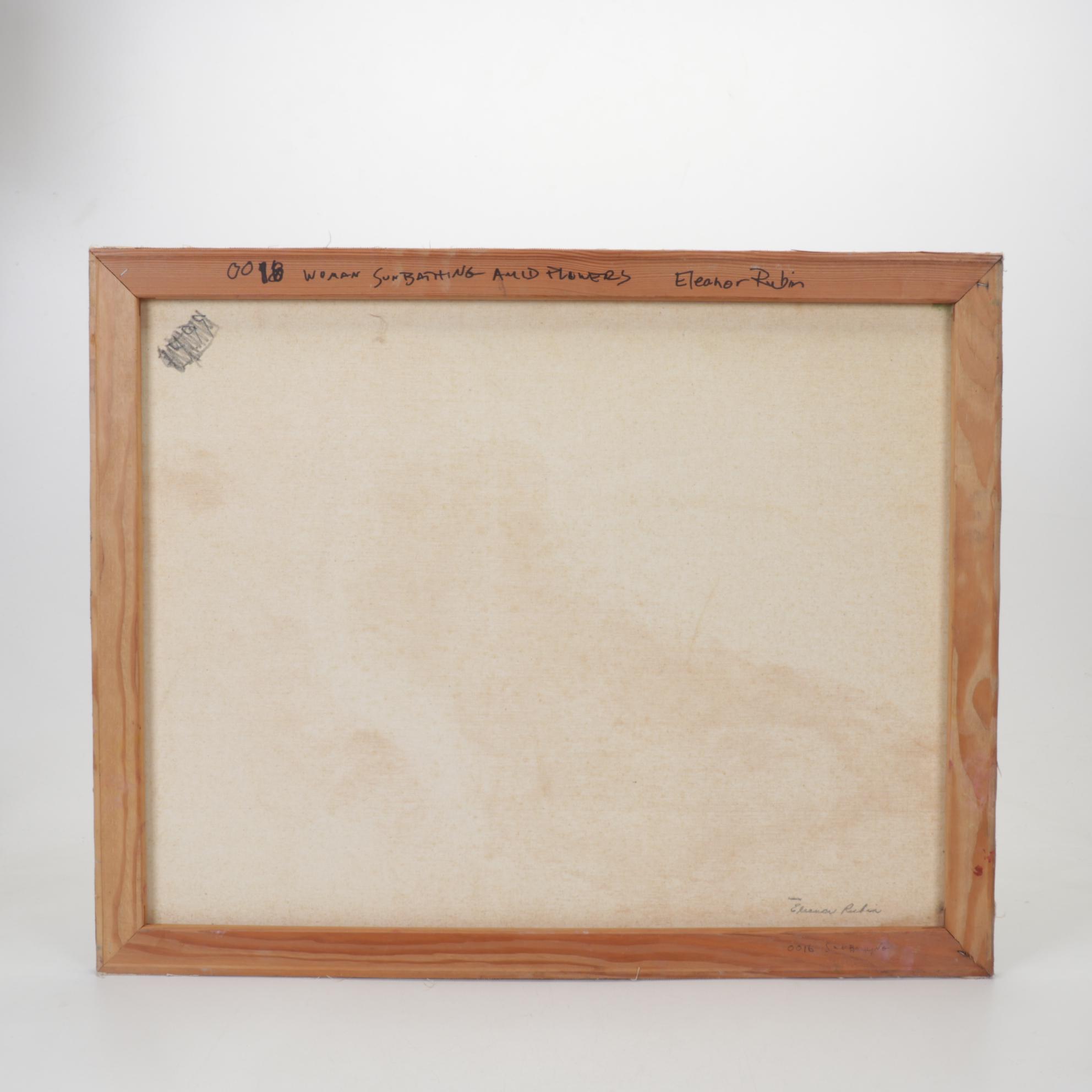 Eleanor Rubin Oil Painting "Woman Sunbathing Amid Flowers," Late 20th Century