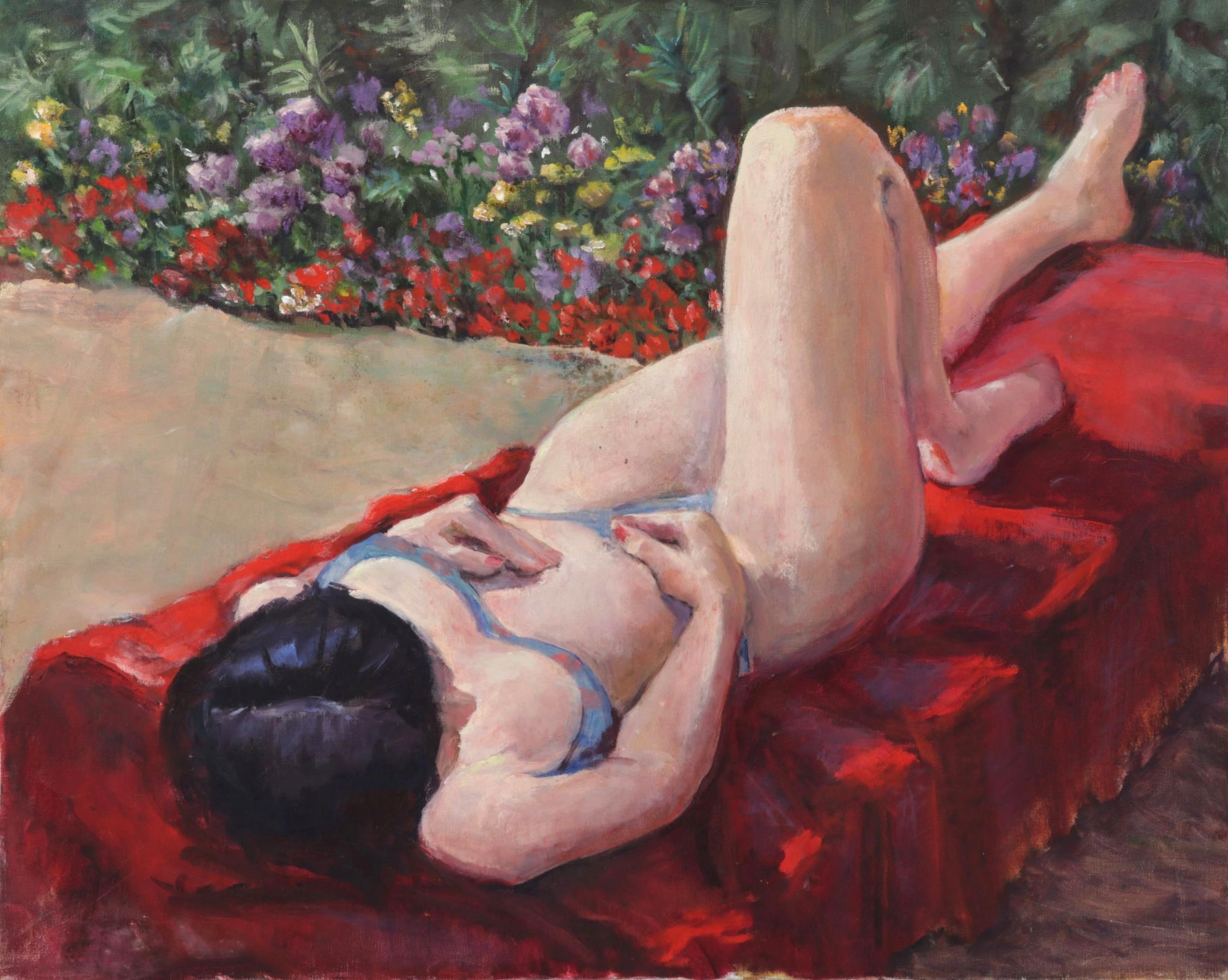 Eleanor Rubin Oil Painting "Woman Sunbathing Amid Flowers," Late 20th Century
