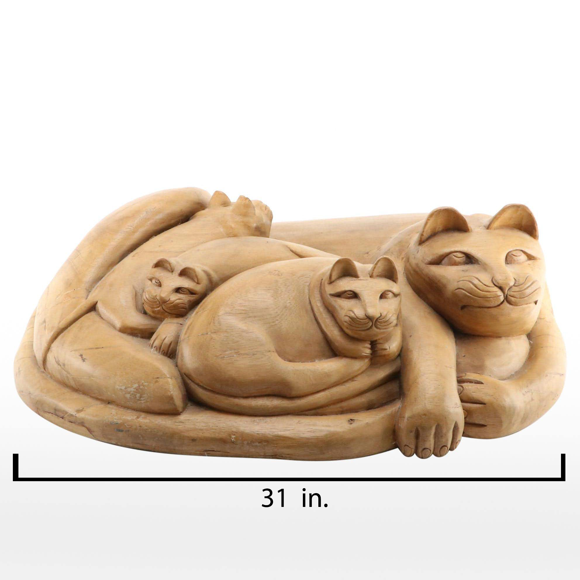 Mexican Folk Art Carved Wood Sculpture of Mother Cat and Kittens