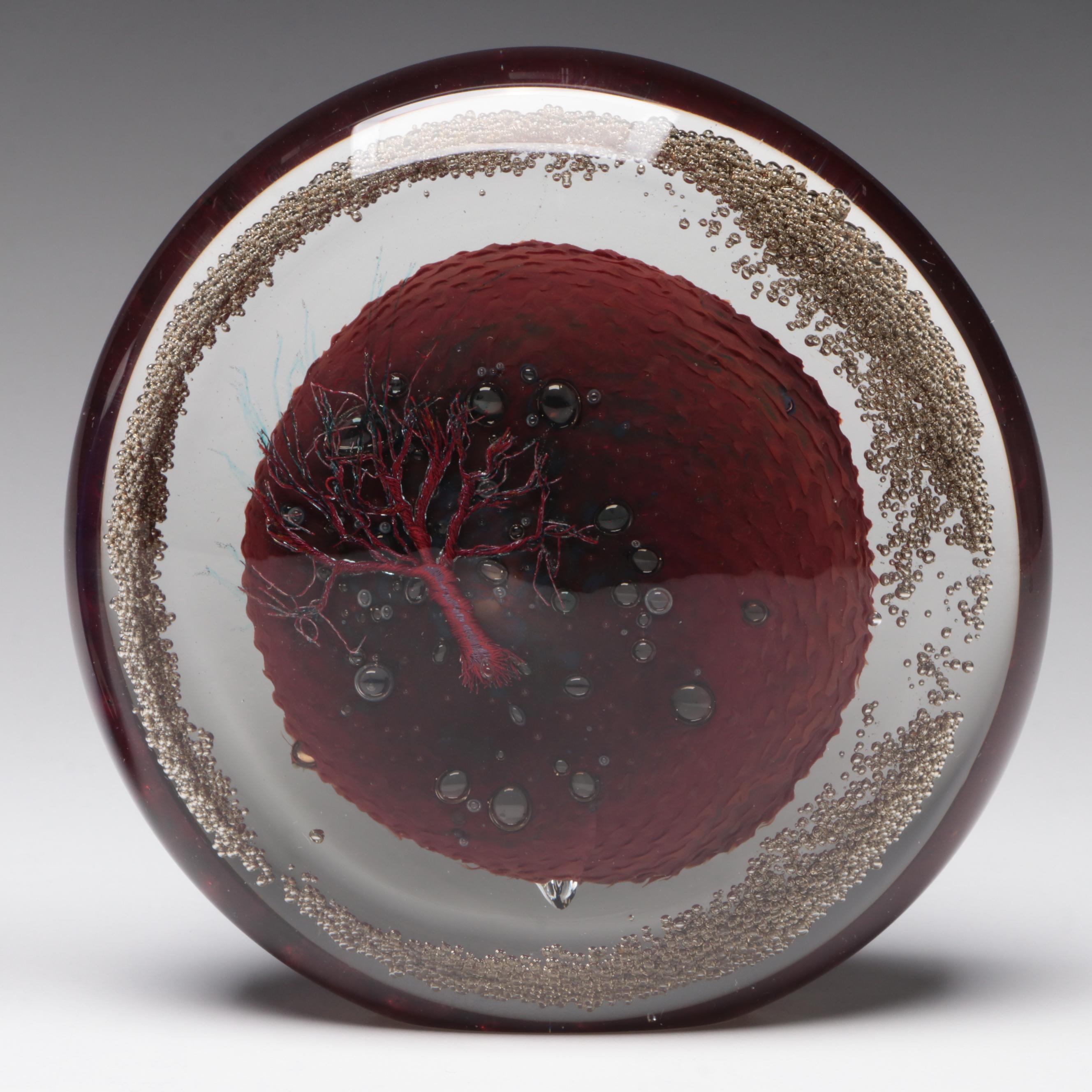 Andy Hudson Studio Art Glass Disk Paperweights with Copper Tree Inclusions
