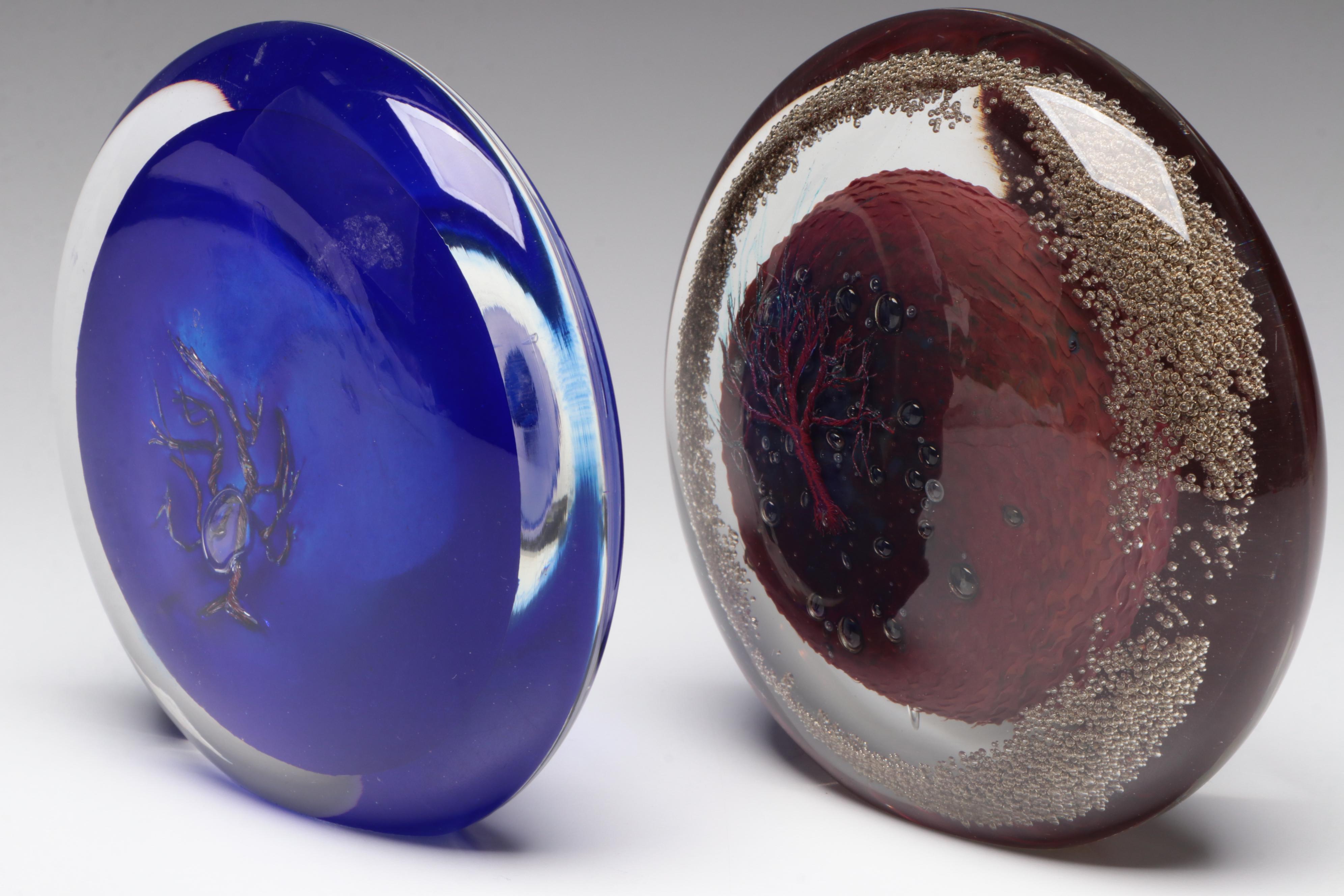 Andy Hudson Studio Art Glass Disk Paperweights with Copper Tree Inclusions