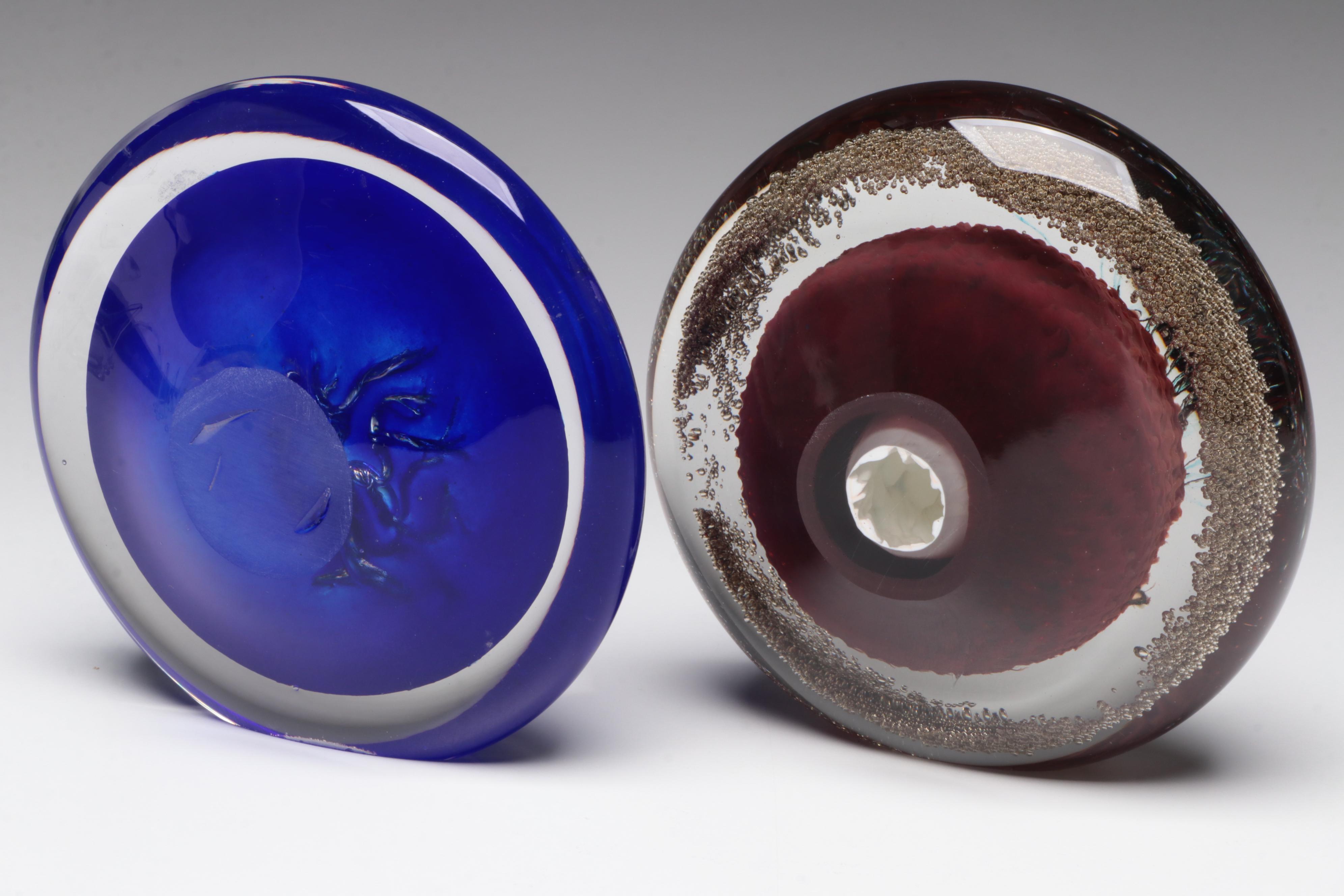 Andy Hudson Studio Art Glass Disk Paperweights with Copper Tree Inclusions