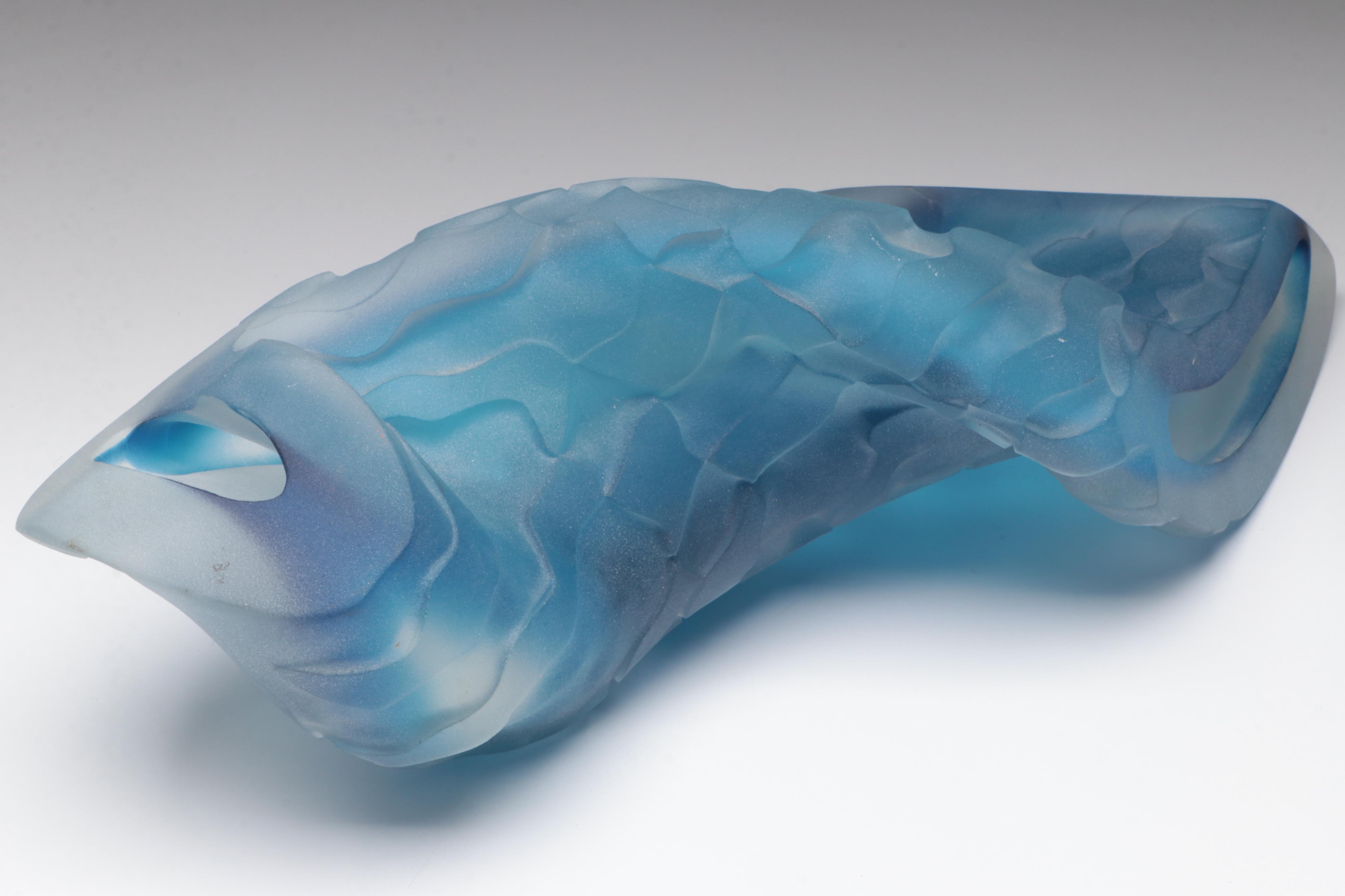 Artist Signed Handblown and Sandcarved Abstract Blue Art Glass Sculpture, 1990