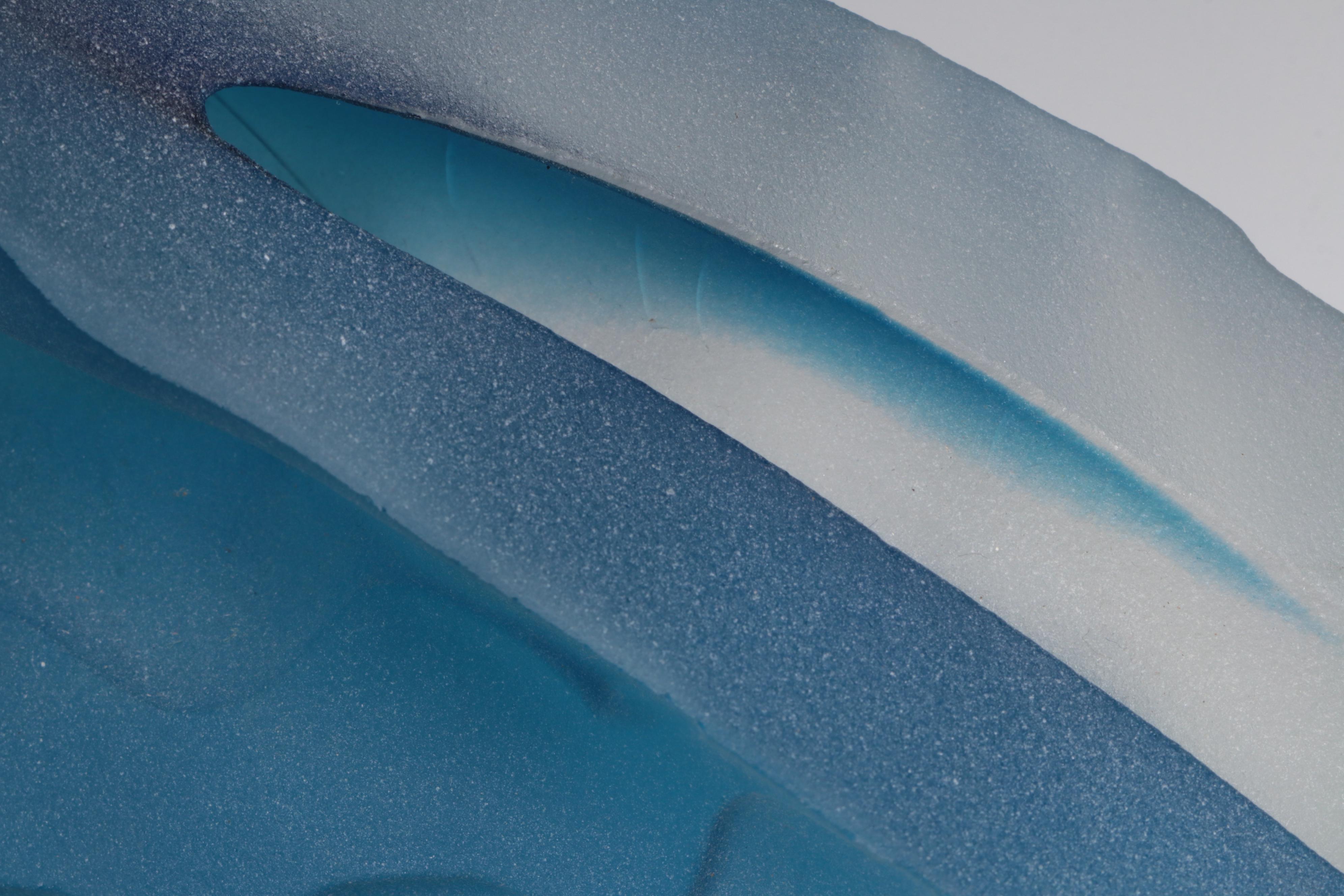 Artist Signed Handblown and Sandcarved Abstract Blue Art Glass Sculpture, 1990