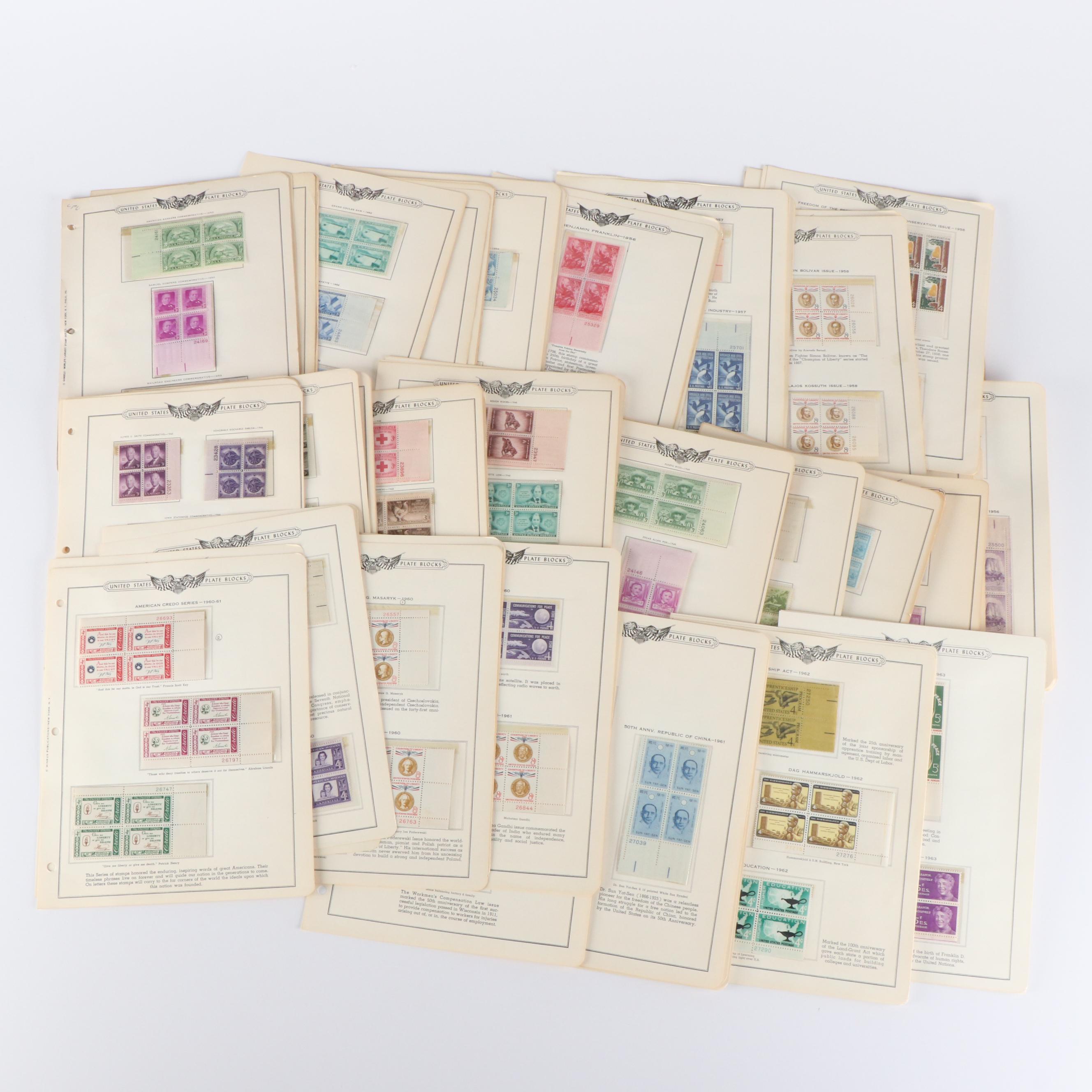 370 U.S. Postage Stamp Plate Blocks, 1950s