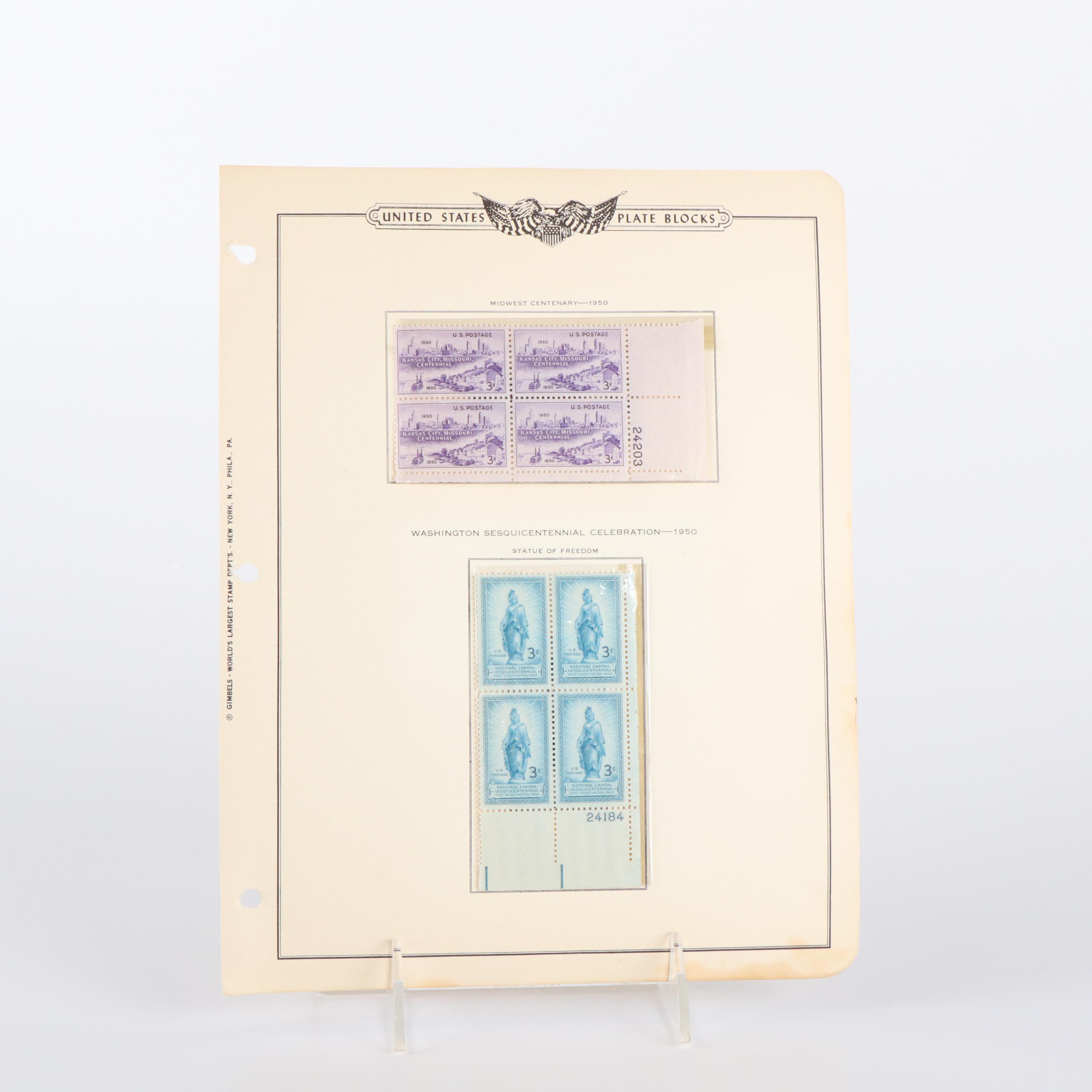370 U.S. Postage Stamp Plate Blocks, 1950s
