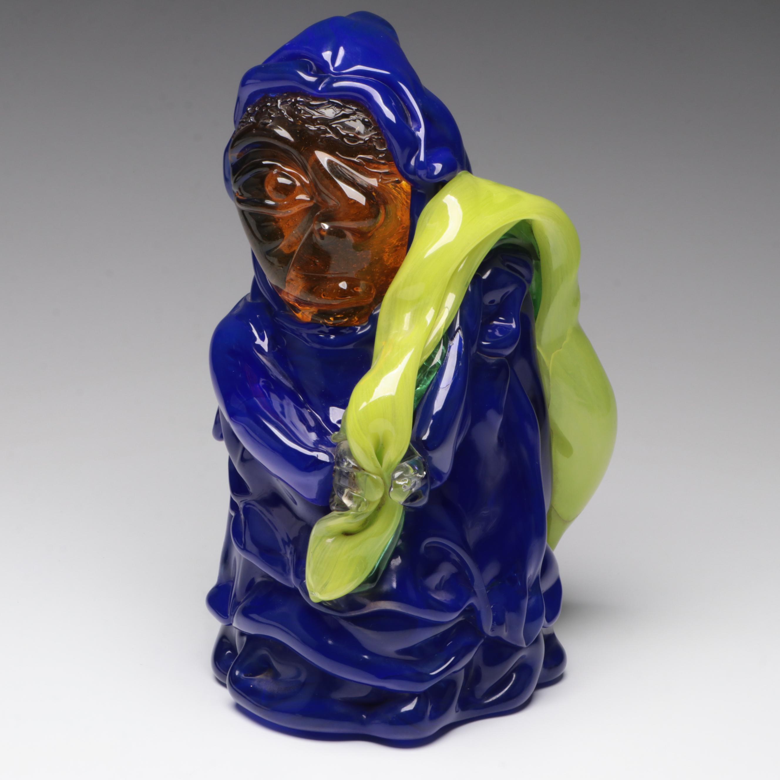 Handcrafted Blue Cloaked Studio Art Glass Figural Sculpture