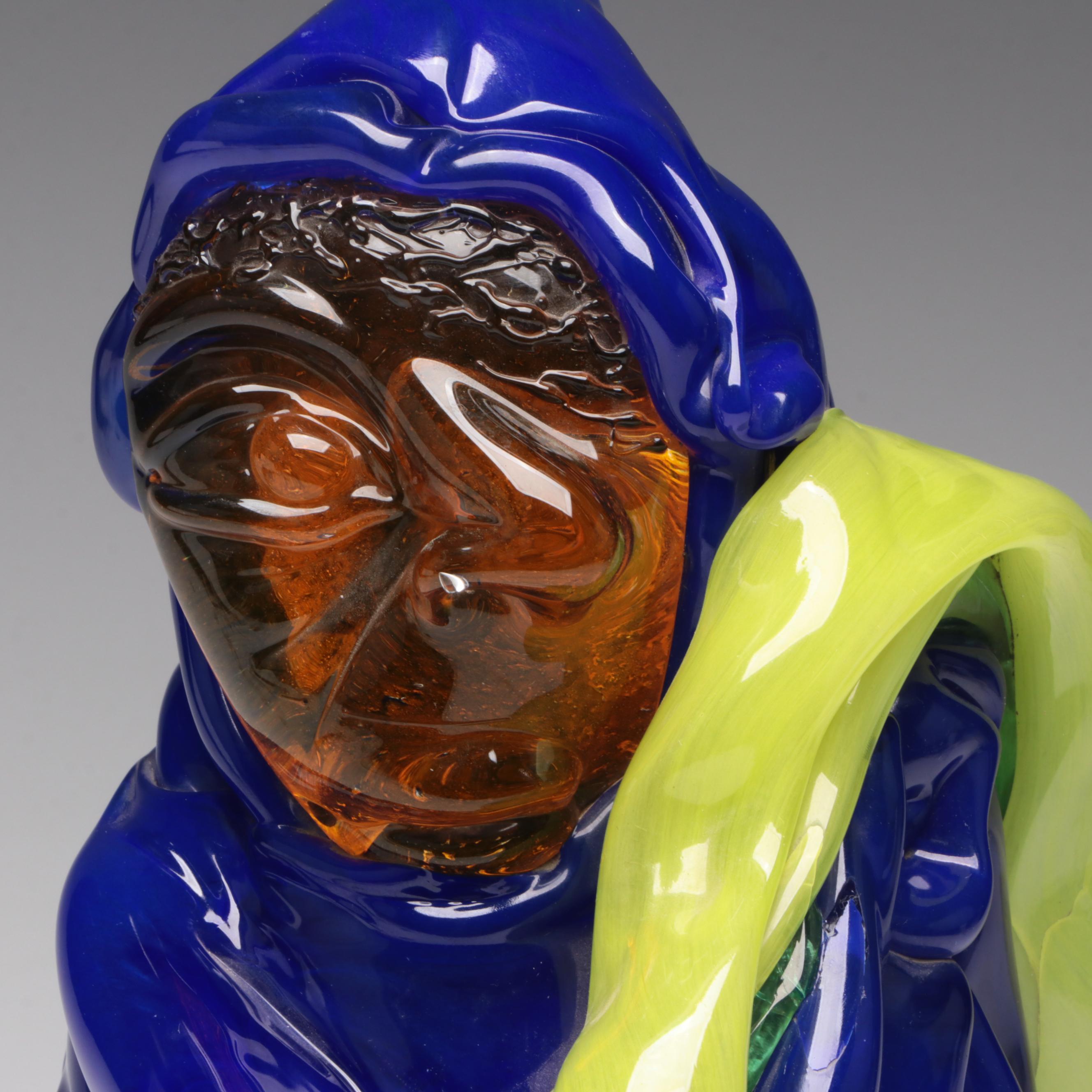 Handcrafted Blue Cloaked Studio Art Glass Figural Sculpture