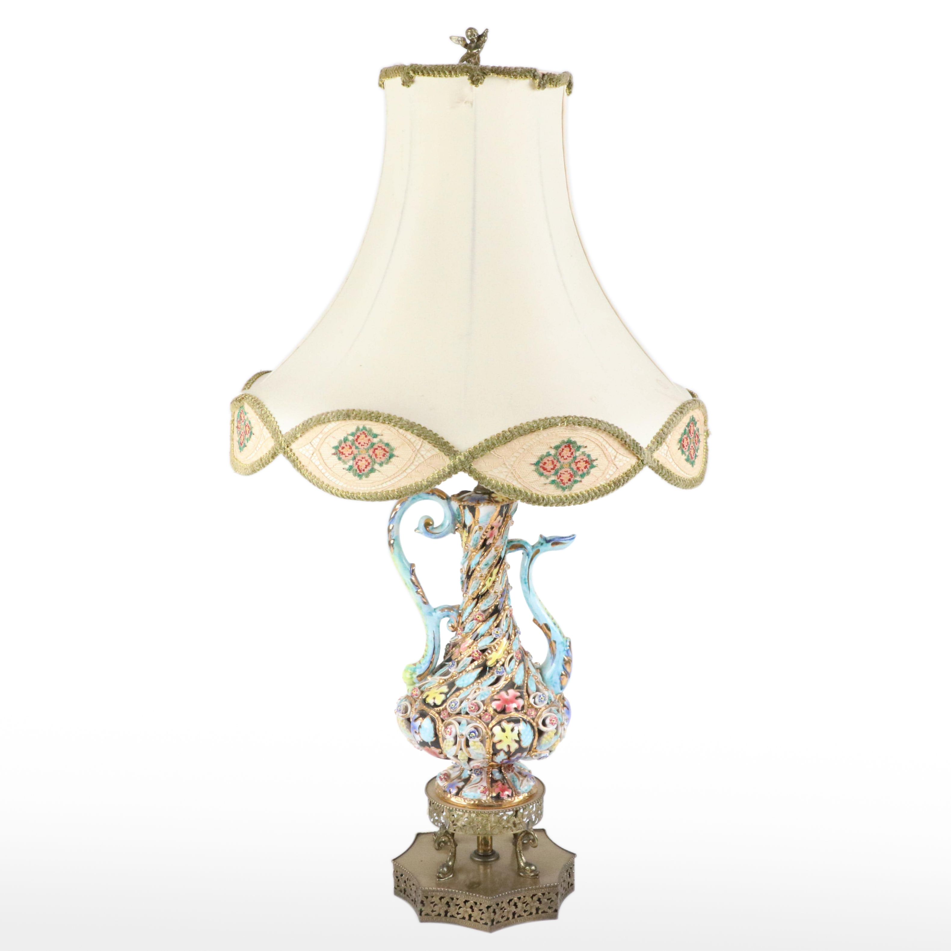 Capodimonte Style Porcelain Ewer Table Lamp with a Scalloped Shade