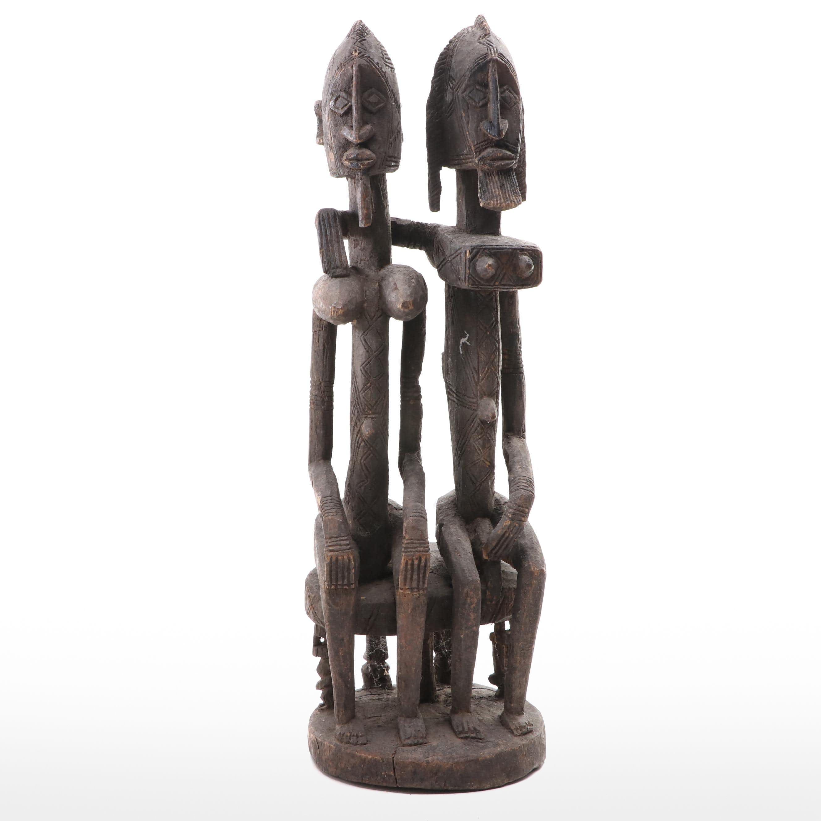 Hand-Carved Mali Dogon Seated Couple Sculpture