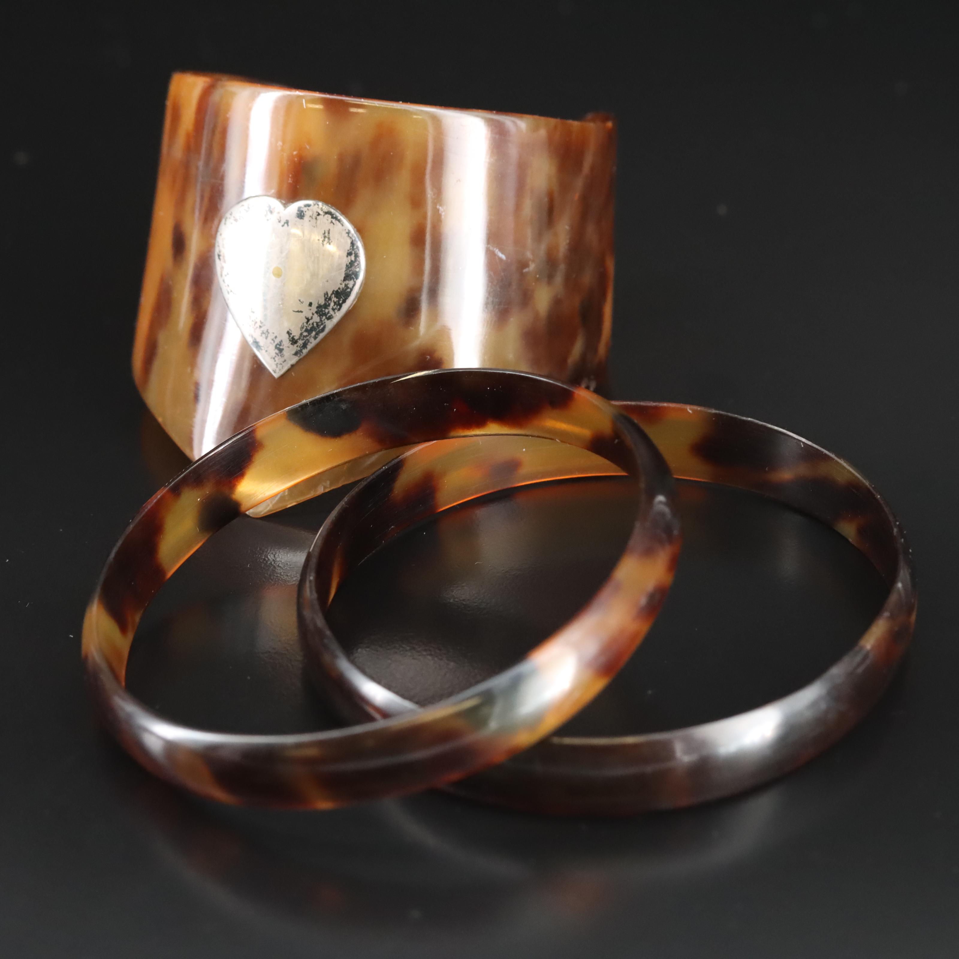 Vintage Carved Tortoise Shell Bangles and Cuff with Sterling Heart