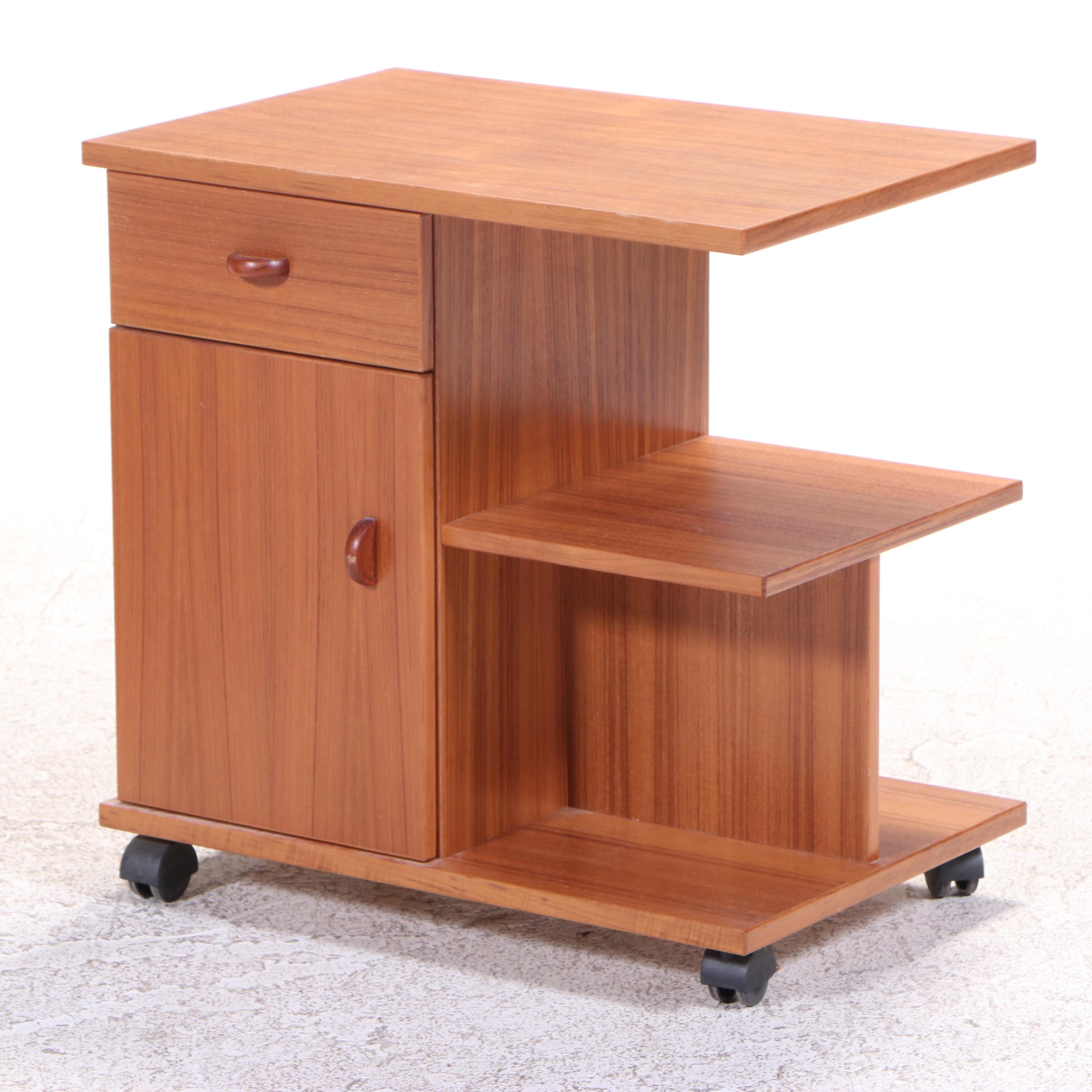Danish Modern Teak and Suede Leather Magazine Rack and Tiered Rolling Side Table
