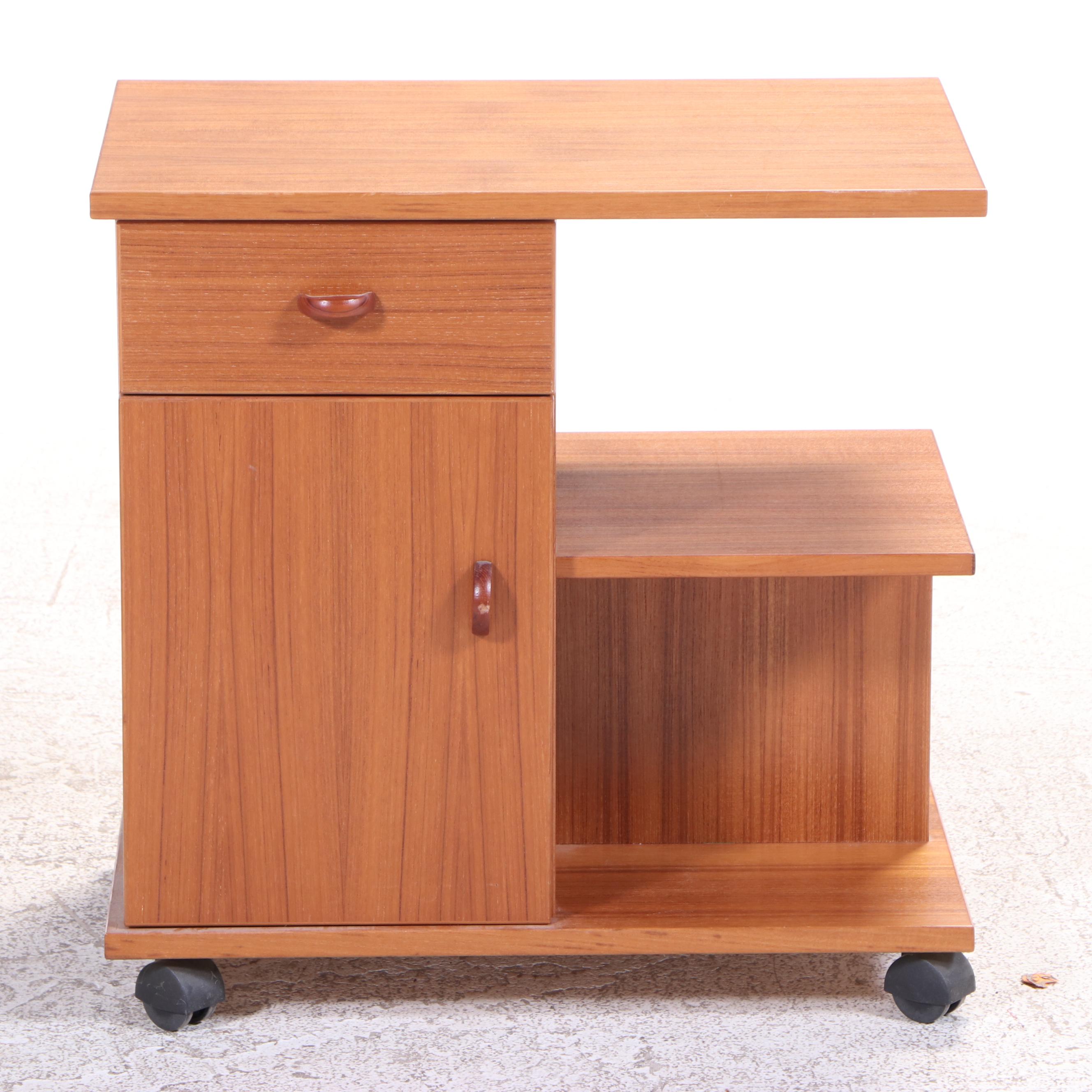 Danish Modern Teak and Suede Leather Magazine Rack and Tiered Rolling Side Table