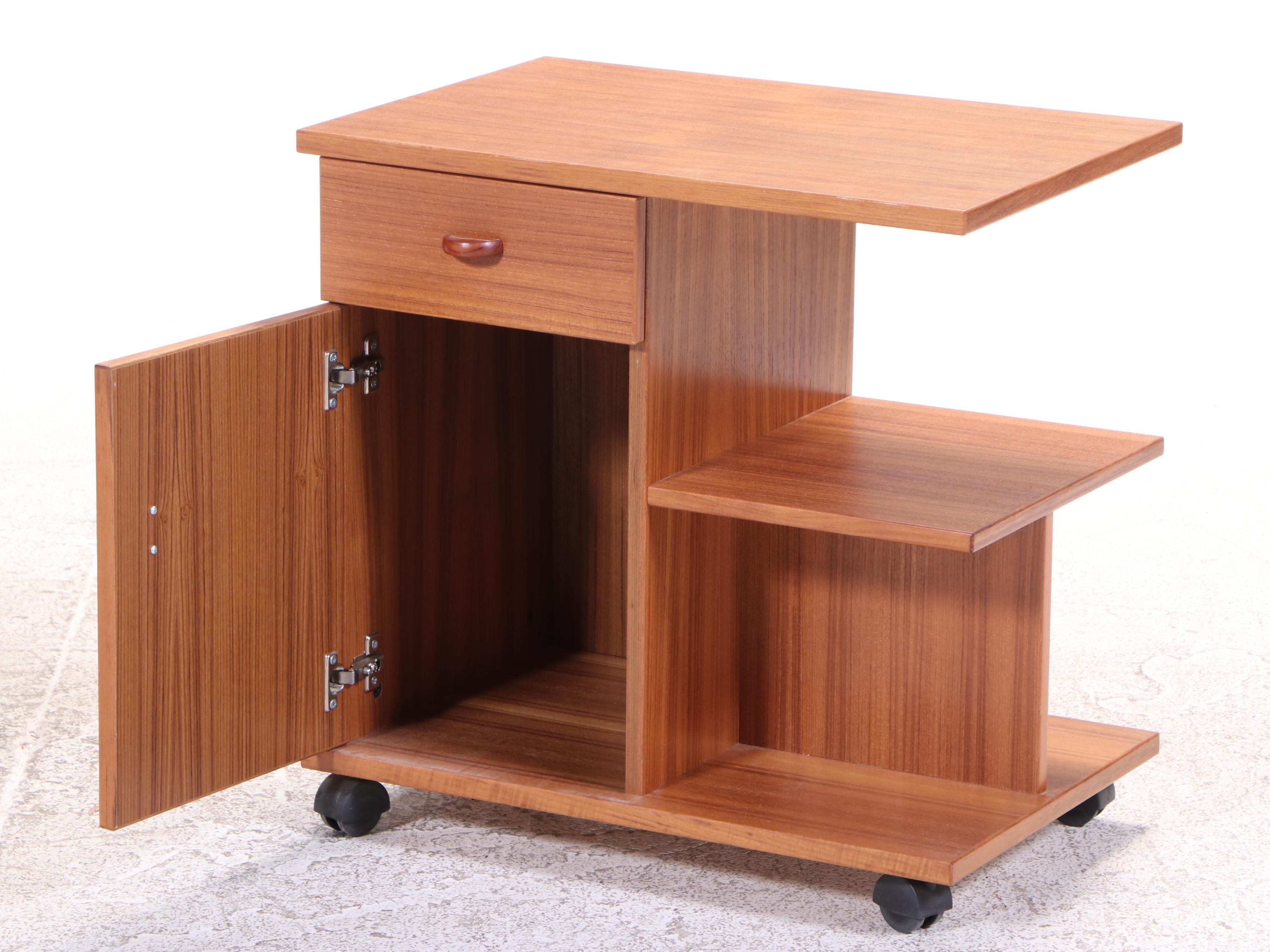 Danish Modern Teak and Suede Leather Magazine Rack and Tiered Rolling Side Table