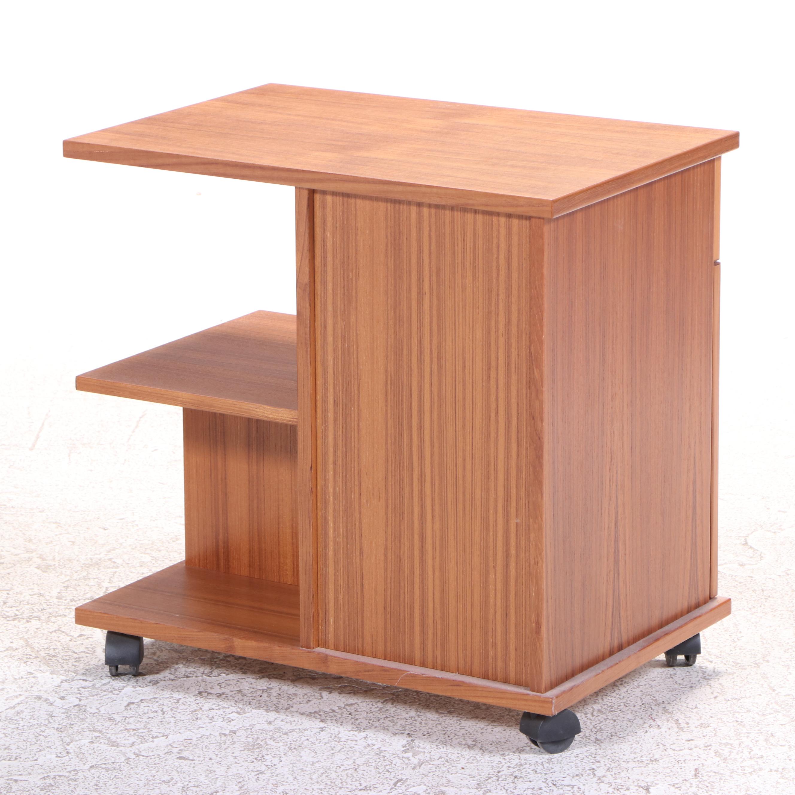 Danish Modern Teak and Suede Leather Magazine Rack and Tiered Rolling Side Table