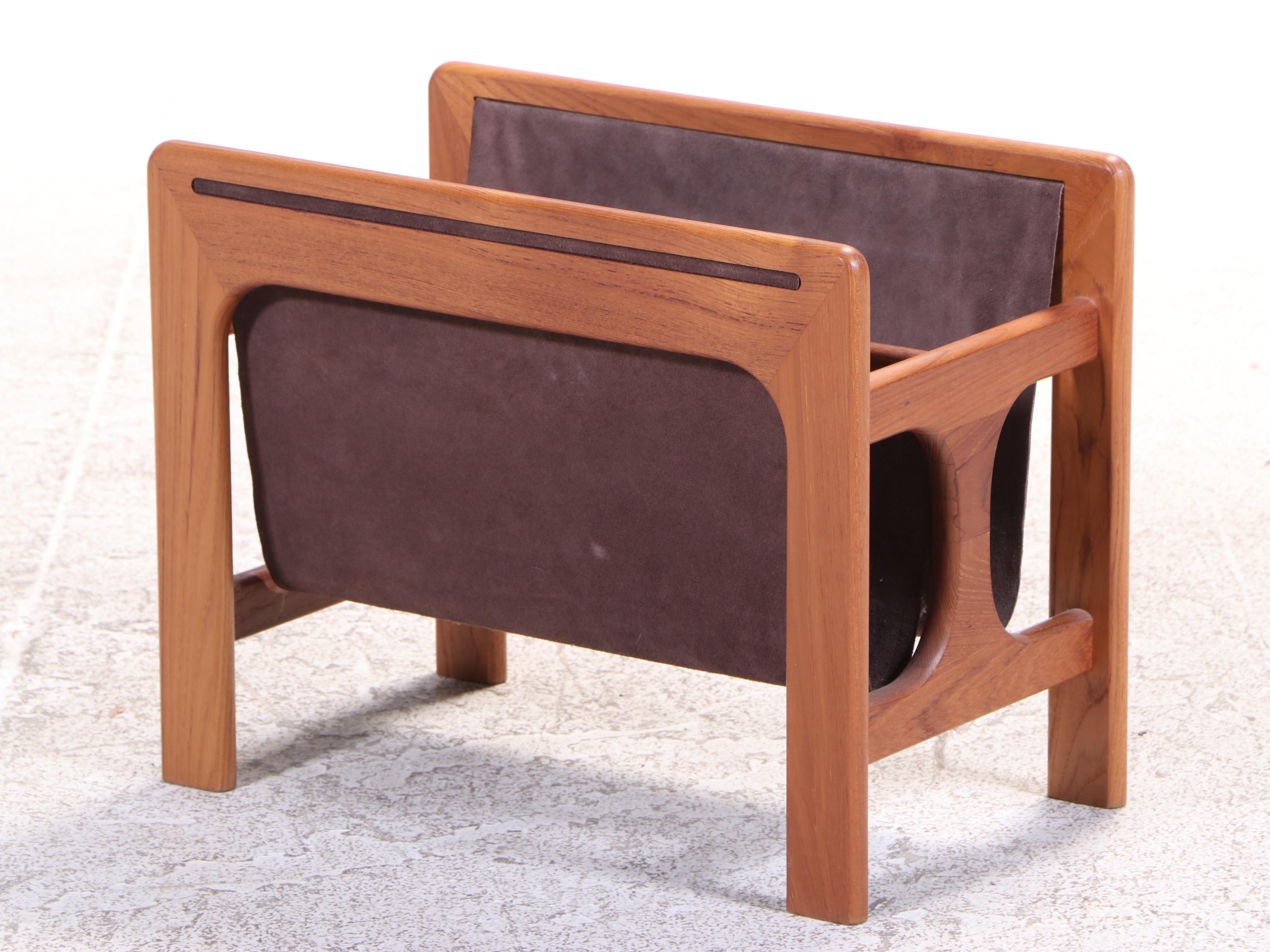 Danish Modern Teak and Suede Leather Magazine Rack and Tiered Rolling Side Table