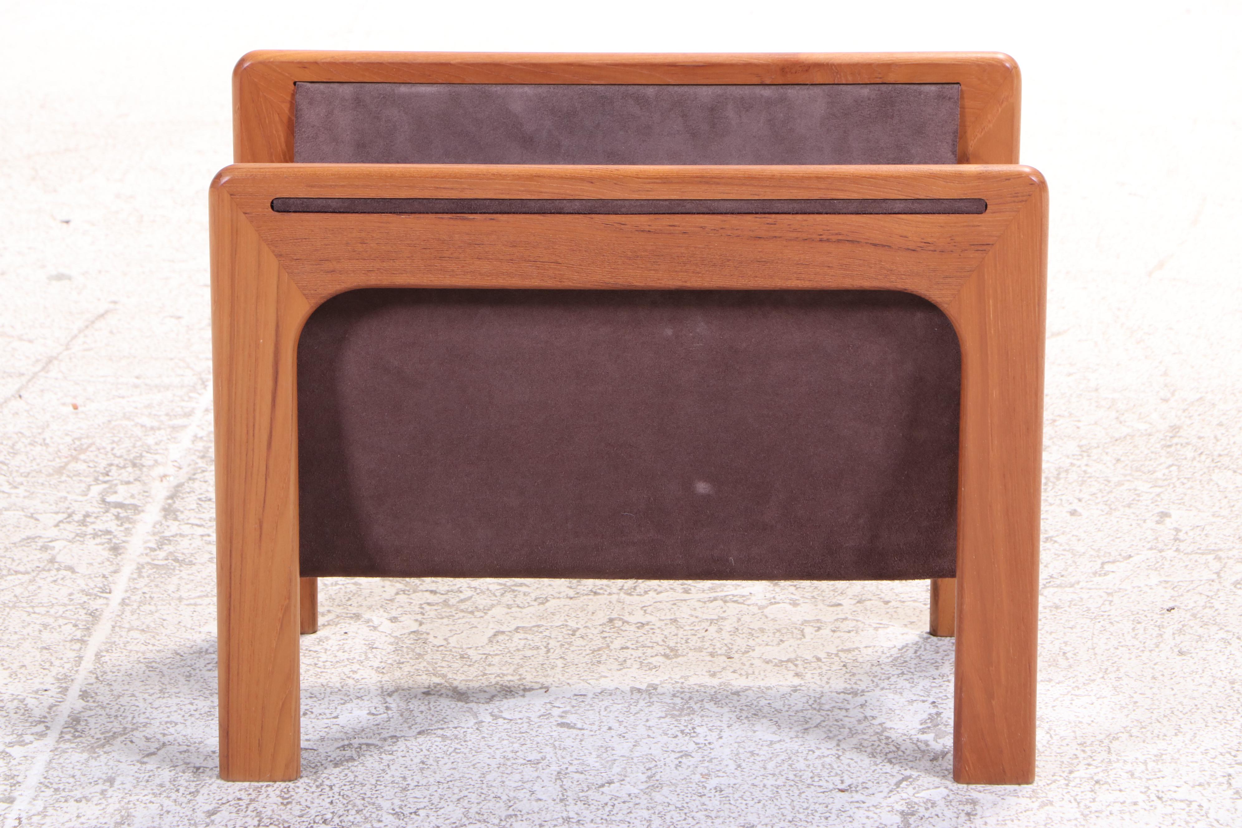 Danish Modern Teak and Suede Leather Magazine Rack and Tiered Rolling Side Table