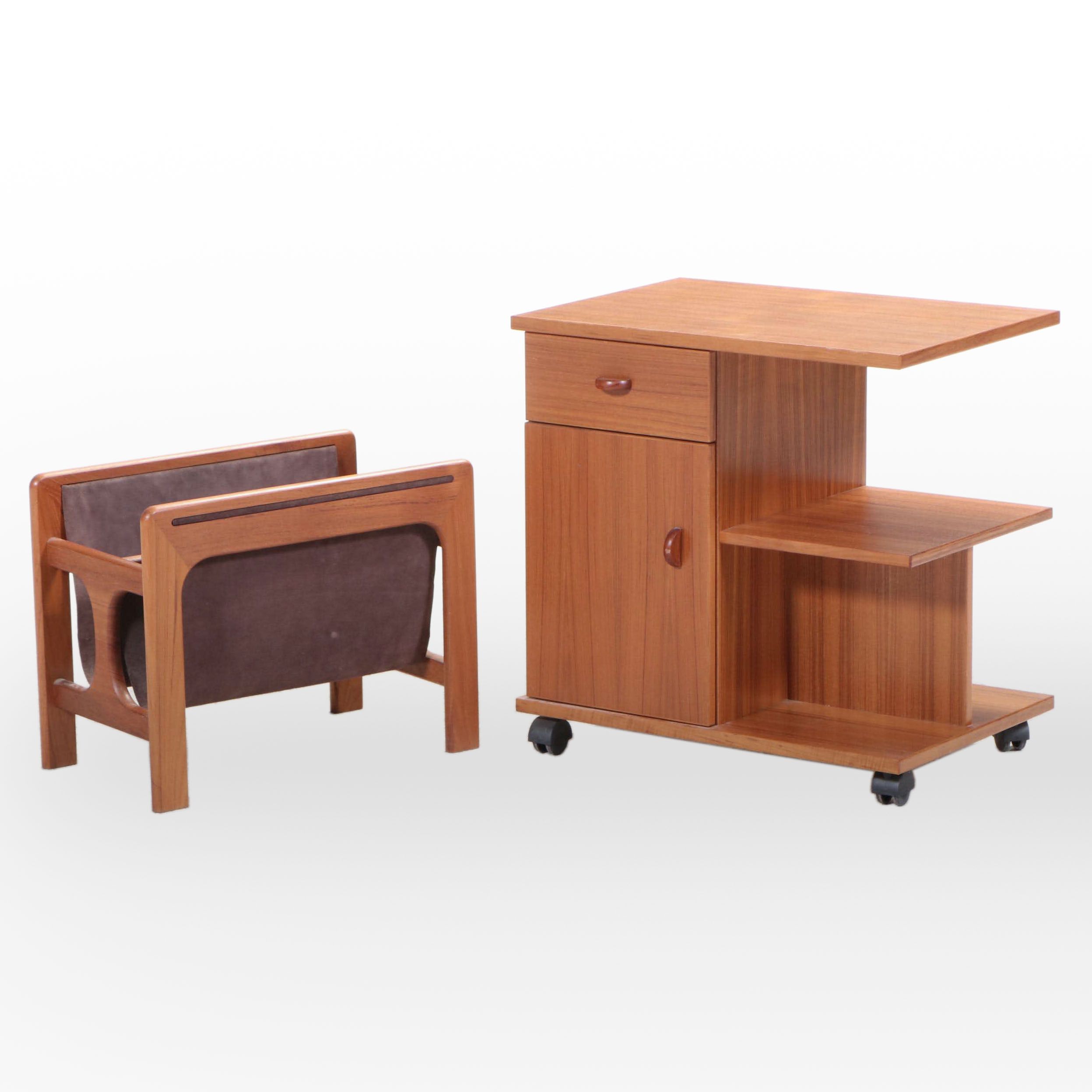 Danish Modern Teak and Suede Leather Magazine Rack and Tiered Rolling Side Table