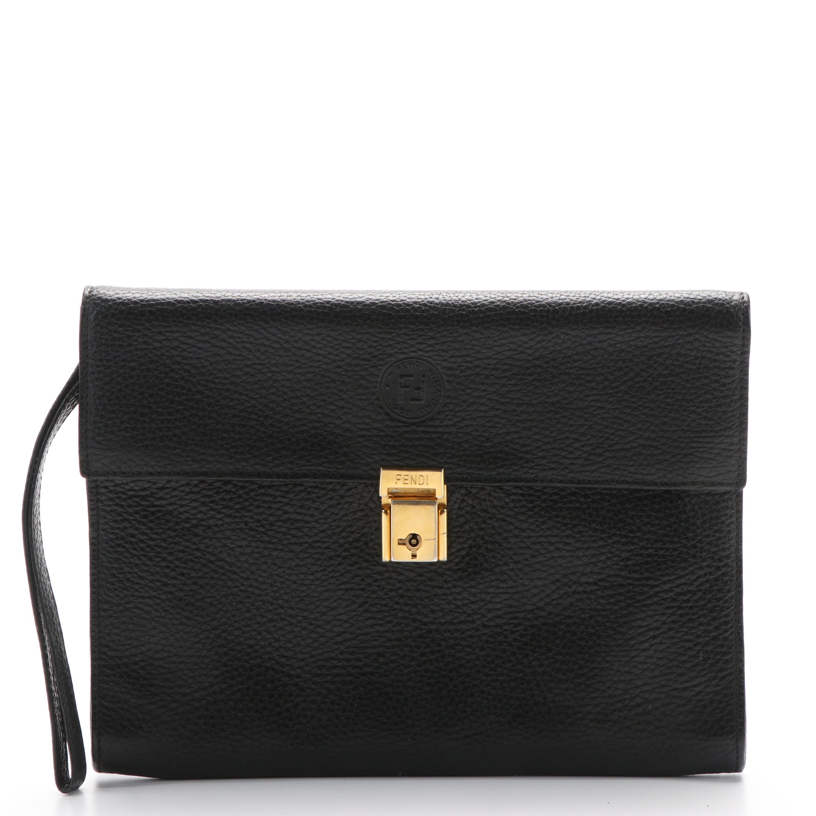 Fendi Pebbled Black Leather Clutch Bag with Wristlet