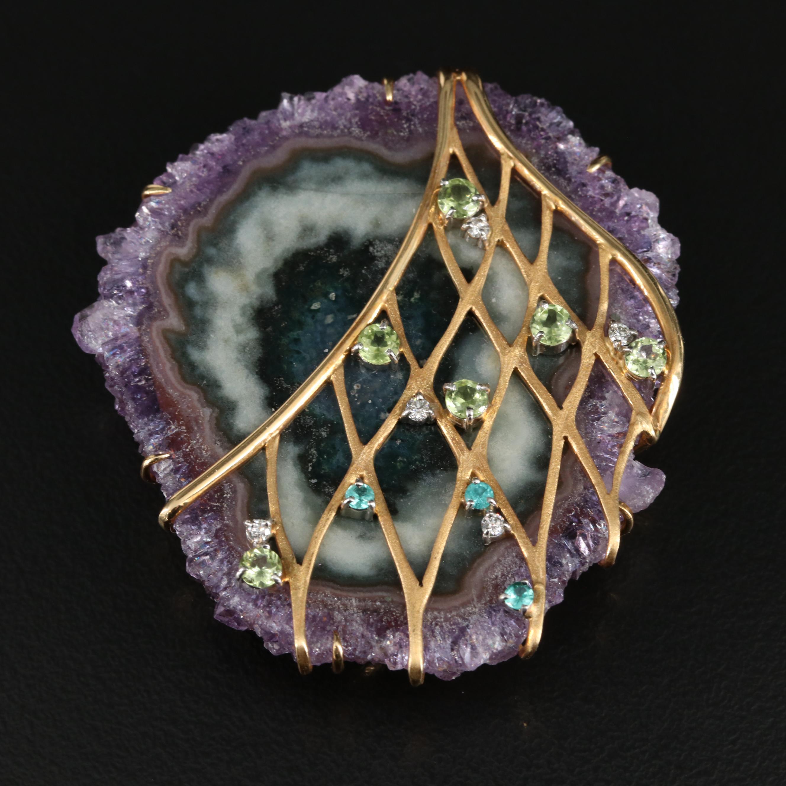 18K Geode Slice Enhancer Brooch with Tourmaline, Peridot and Diamond