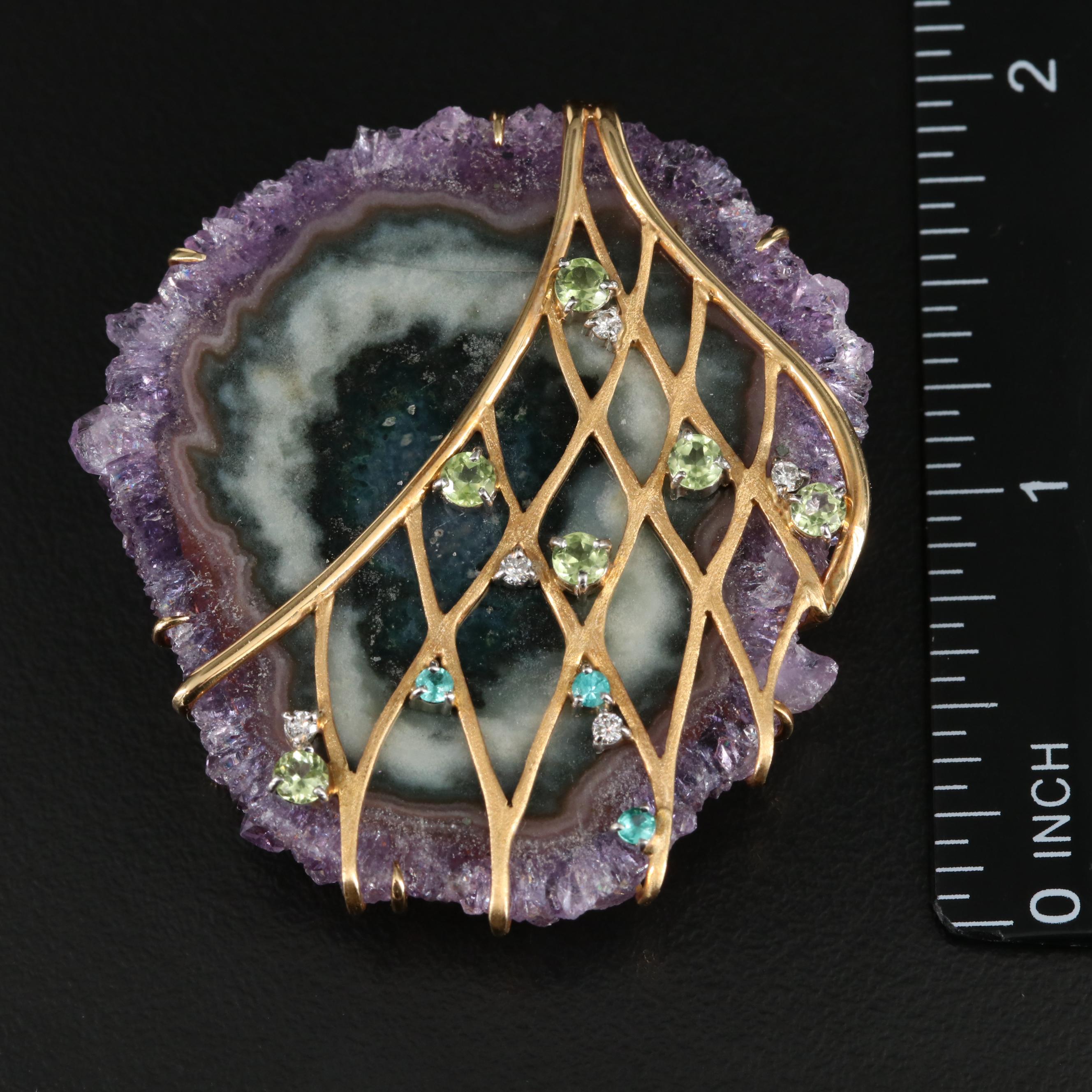 18K Geode Slice Enhancer Brooch with Tourmaline, Peridot and Diamond