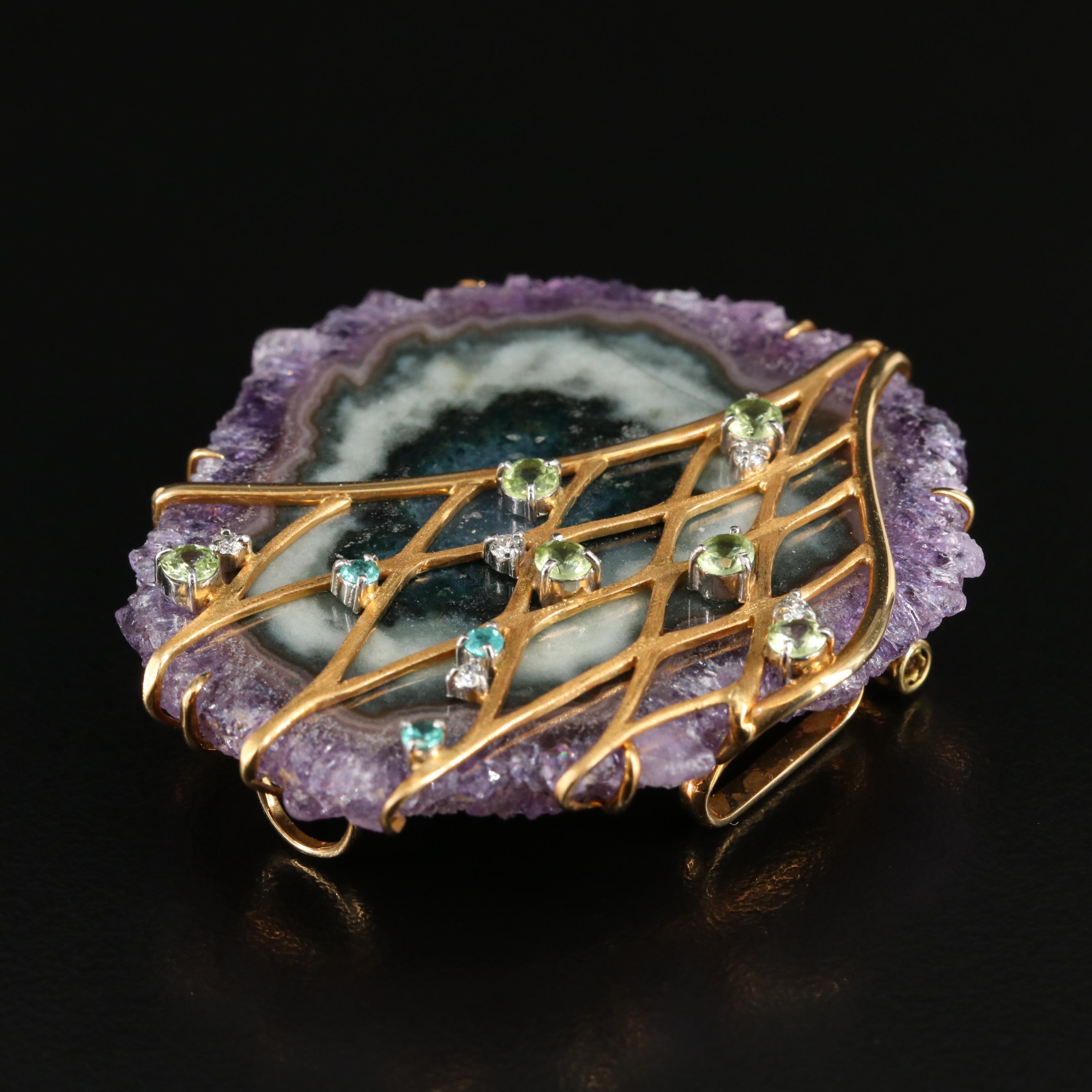18K Geode Slice Enhancer Brooch with Tourmaline, Peridot and Diamond