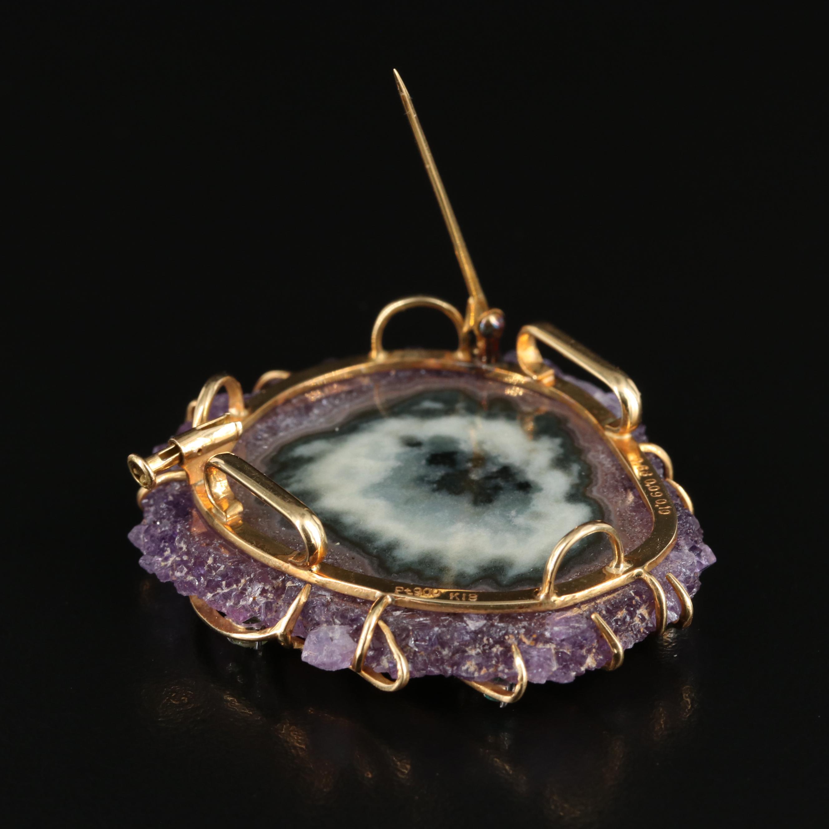 18K Geode Slice Enhancer Brooch with Tourmaline, Peridot and Diamond