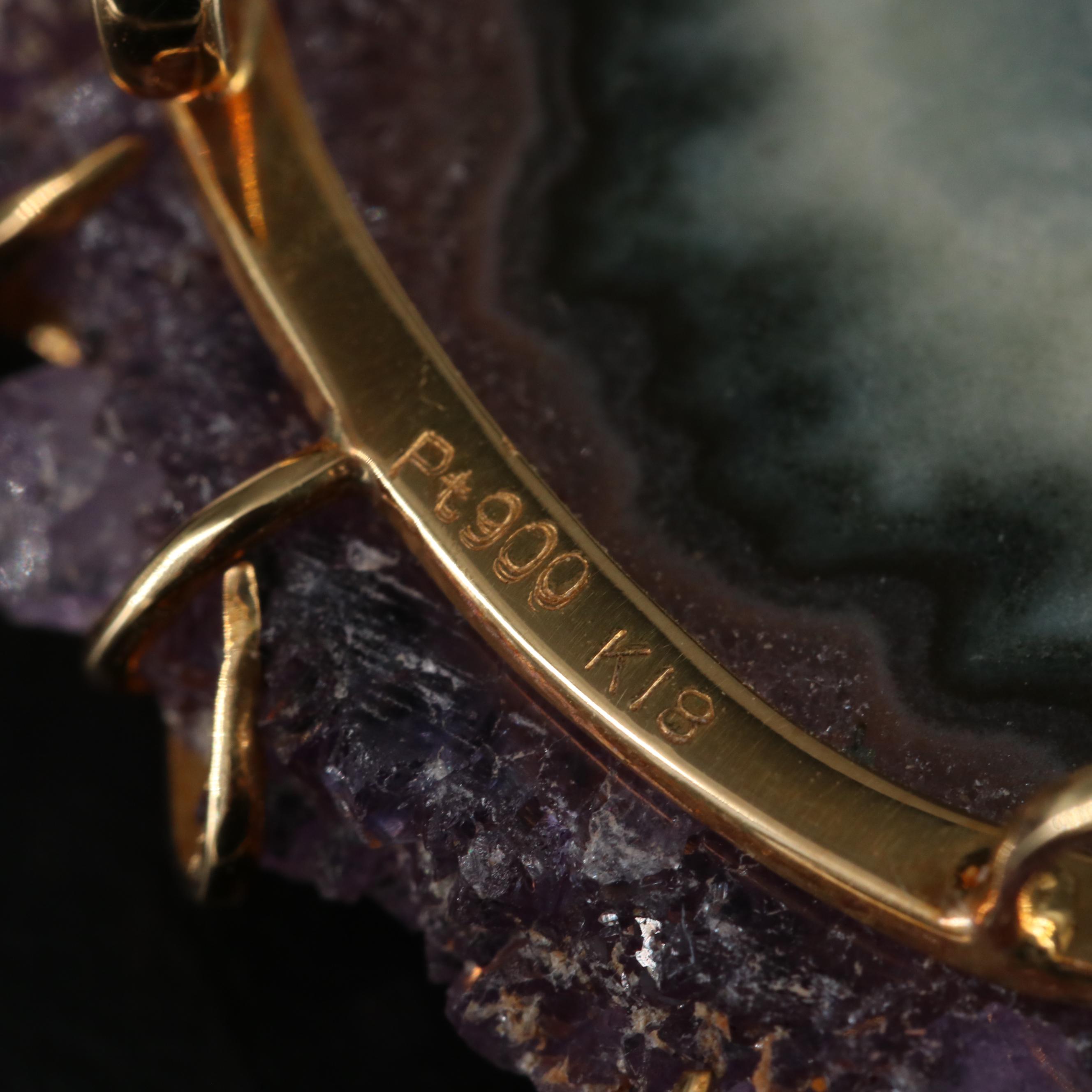 18K Geode Slice Enhancer Brooch with Tourmaline, Peridot and Diamond