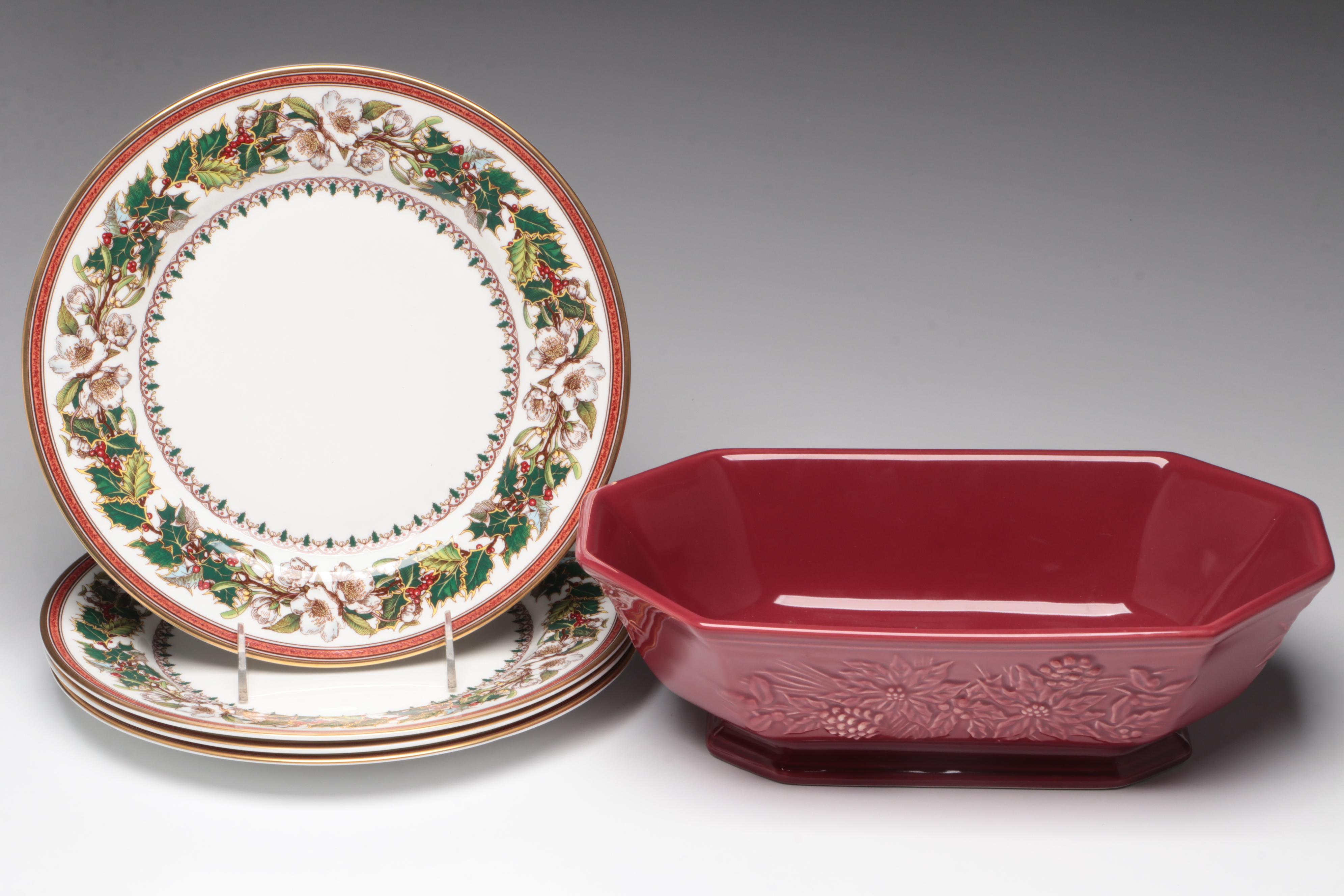 Spode "Christmas Rose" Bone China Dinner Plates with Longaberber Bowl
