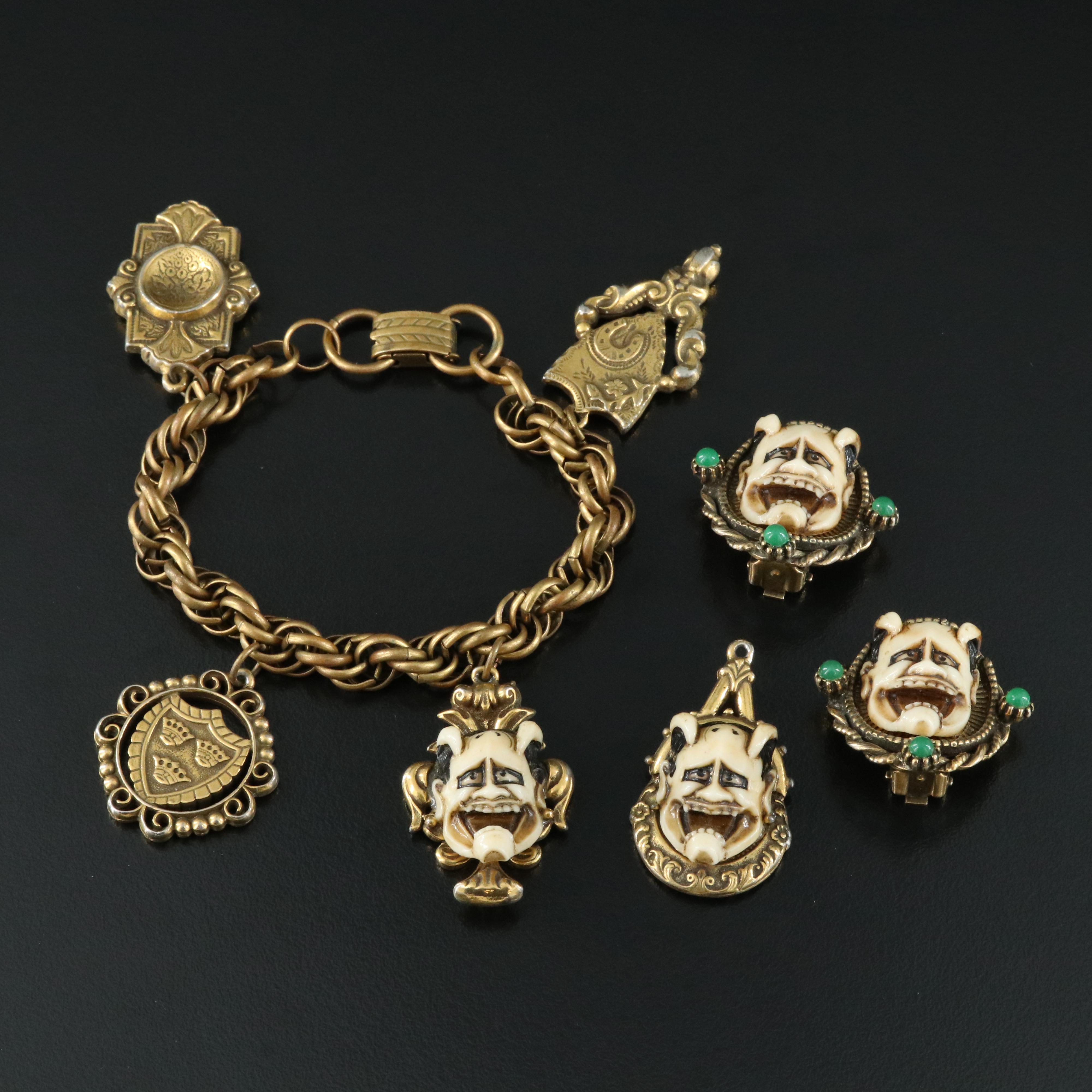 Vintage Naminari Noh Mask Jewelry and Charm Bracelet