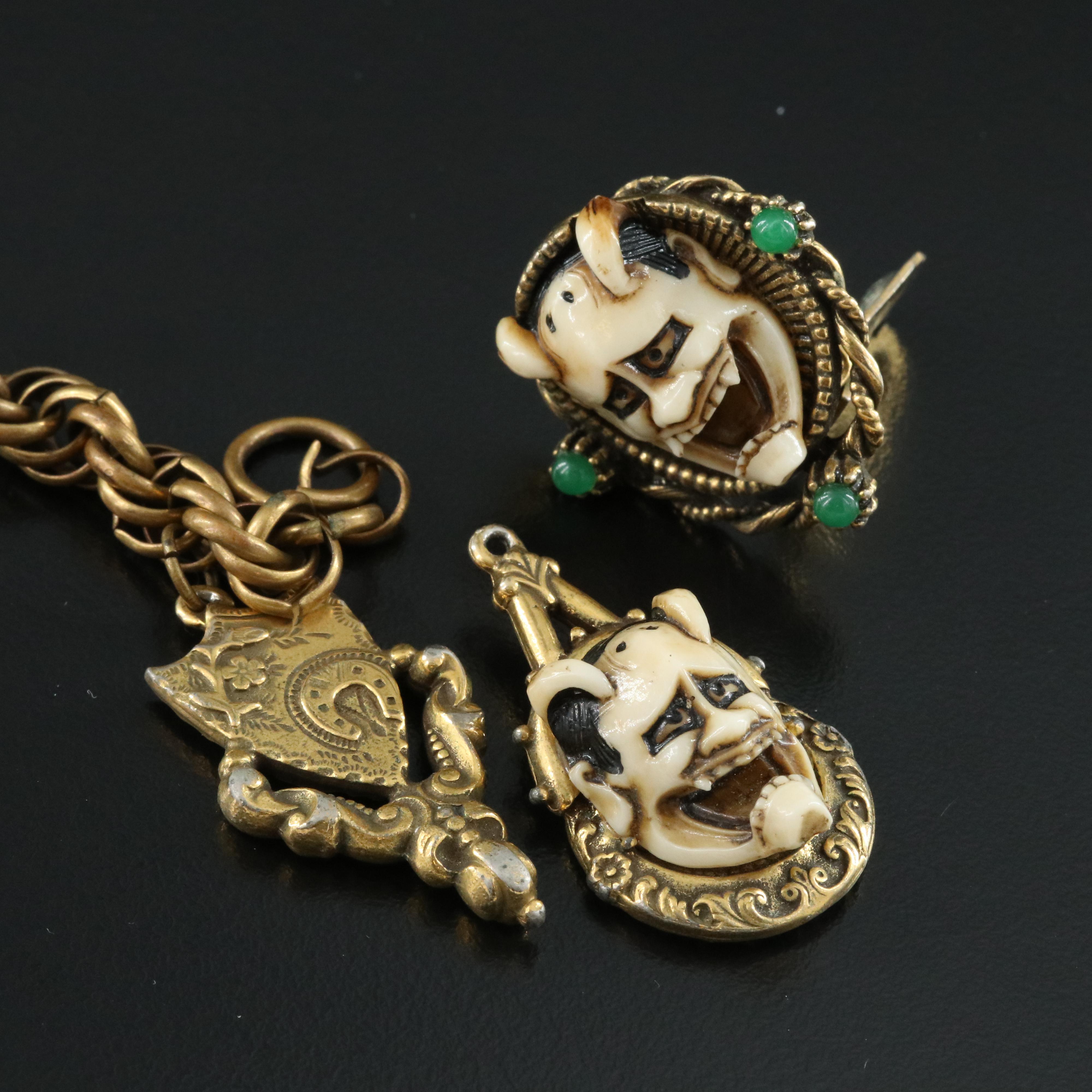 Vintage Naminari Noh Mask Jewelry and Charm Bracelet
