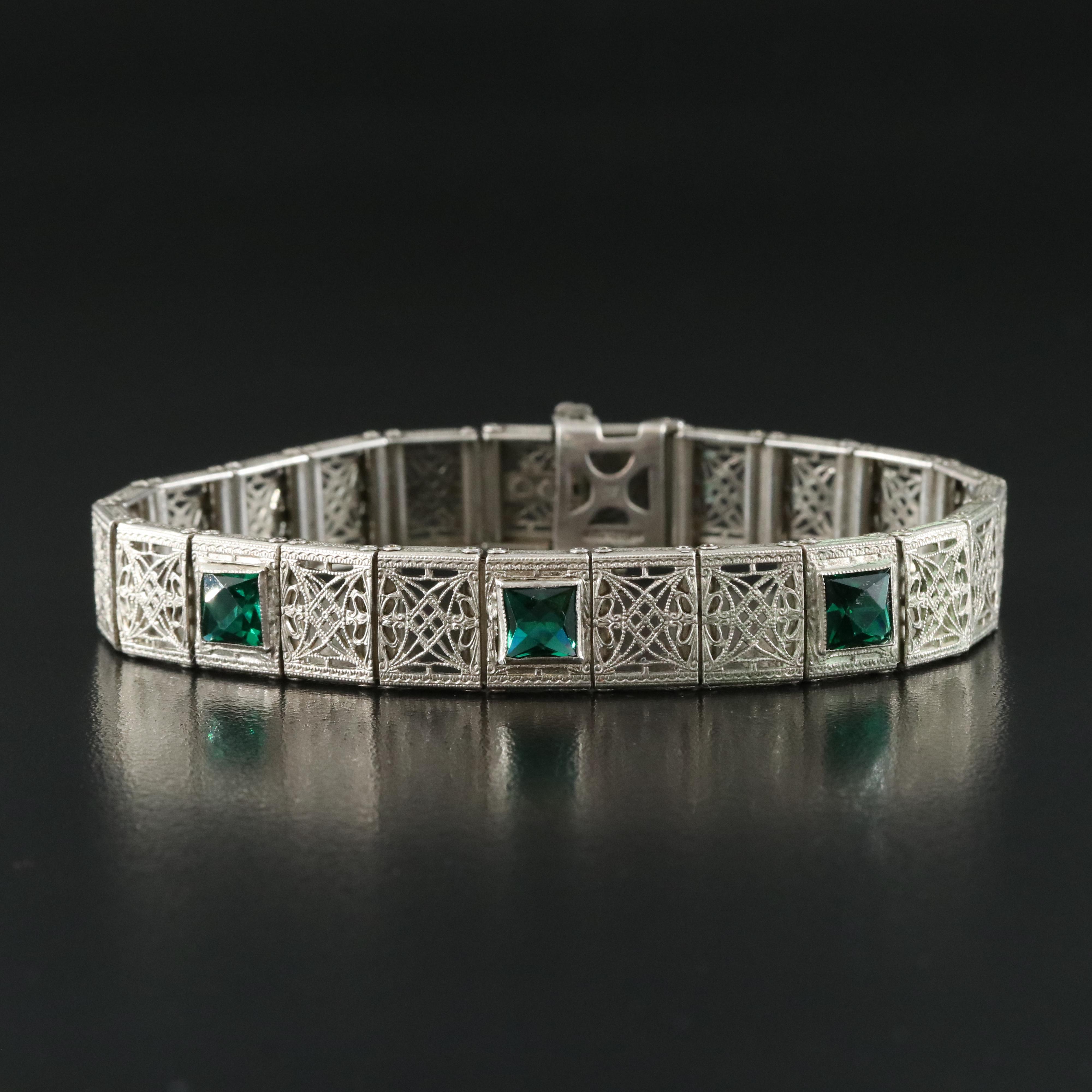 Art Deco Sterling Filigree Bracelet with Glass Paste Accents