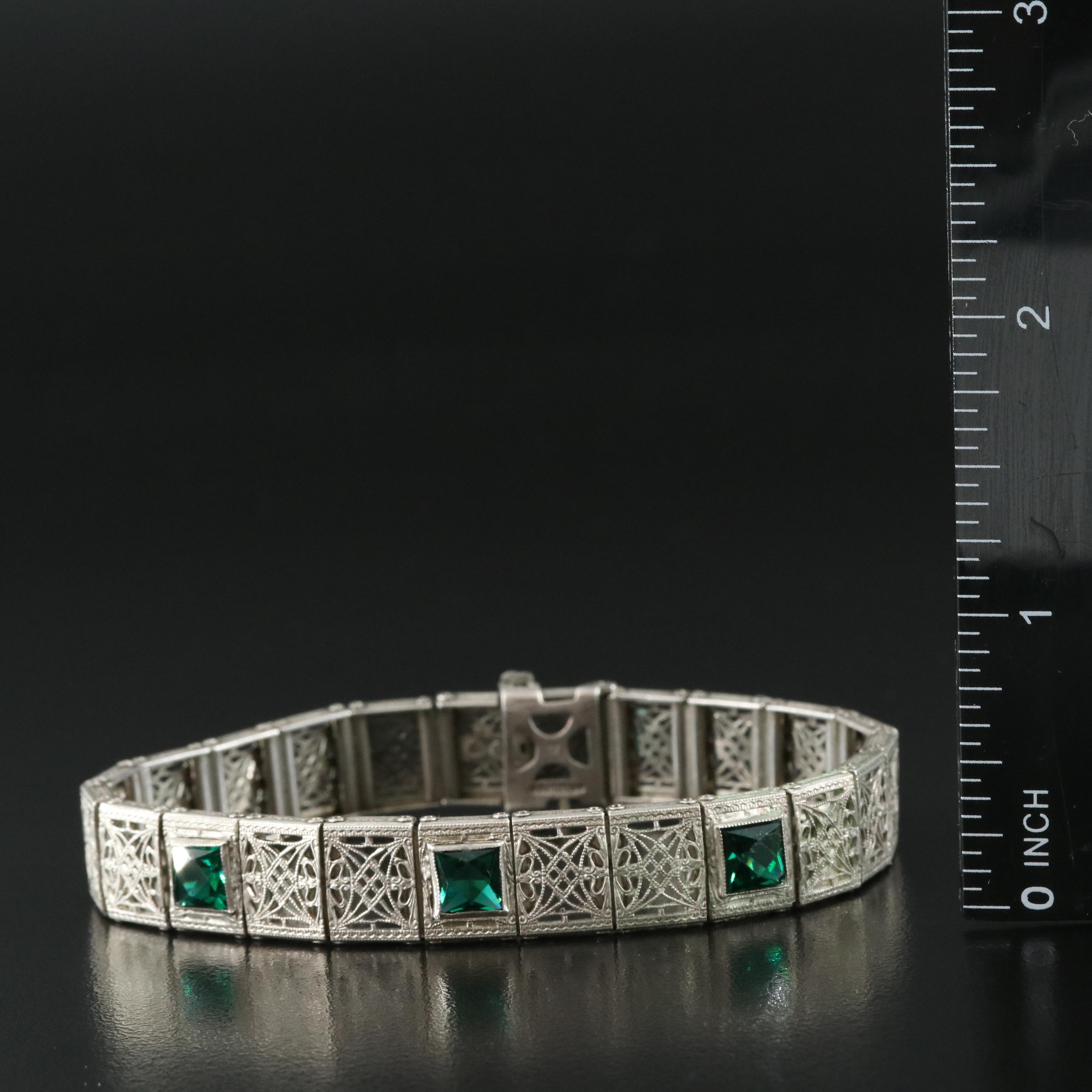 Art Deco Sterling Filigree Bracelet with Glass Paste Accents