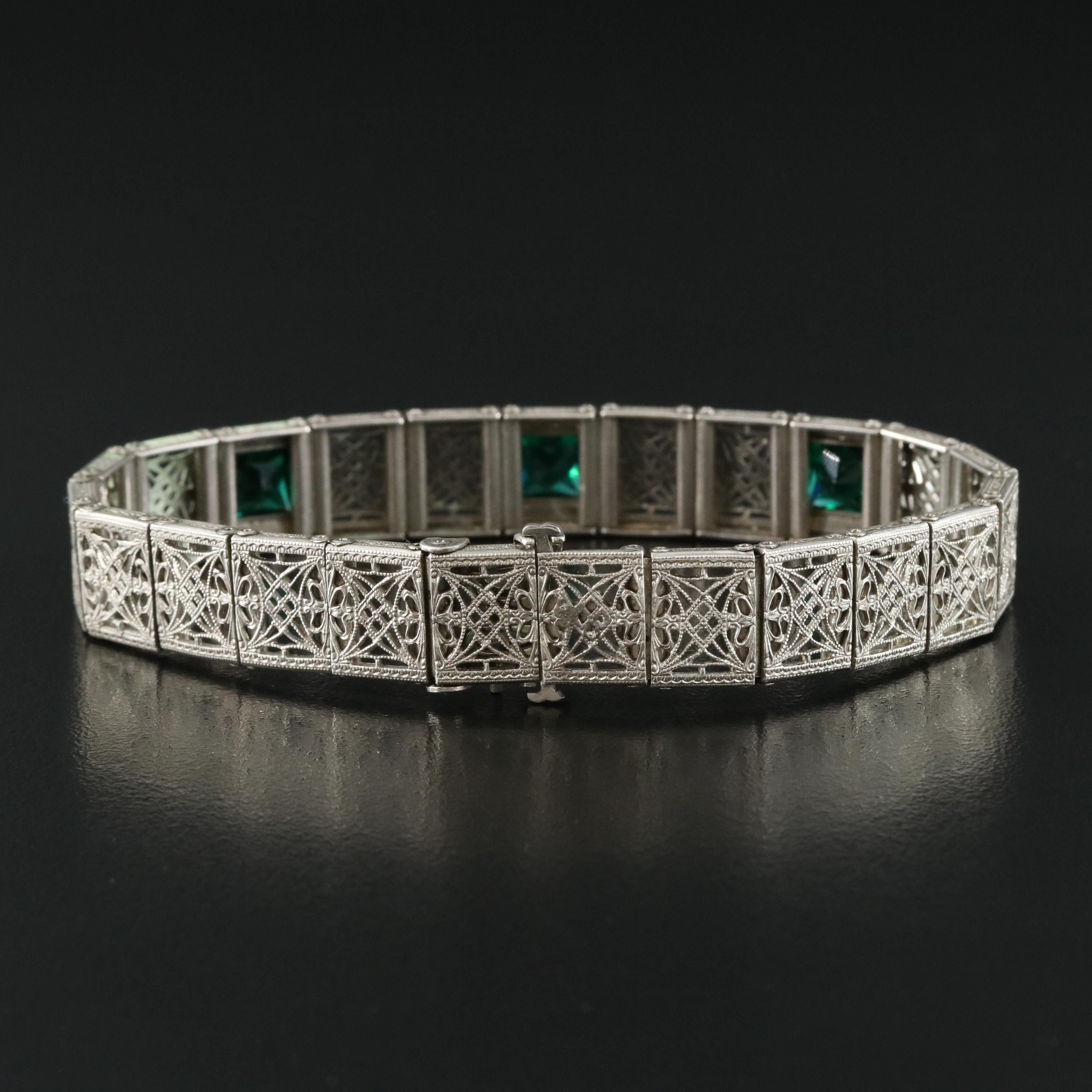 Art Deco Sterling Filigree Bracelet with Glass Paste Accents