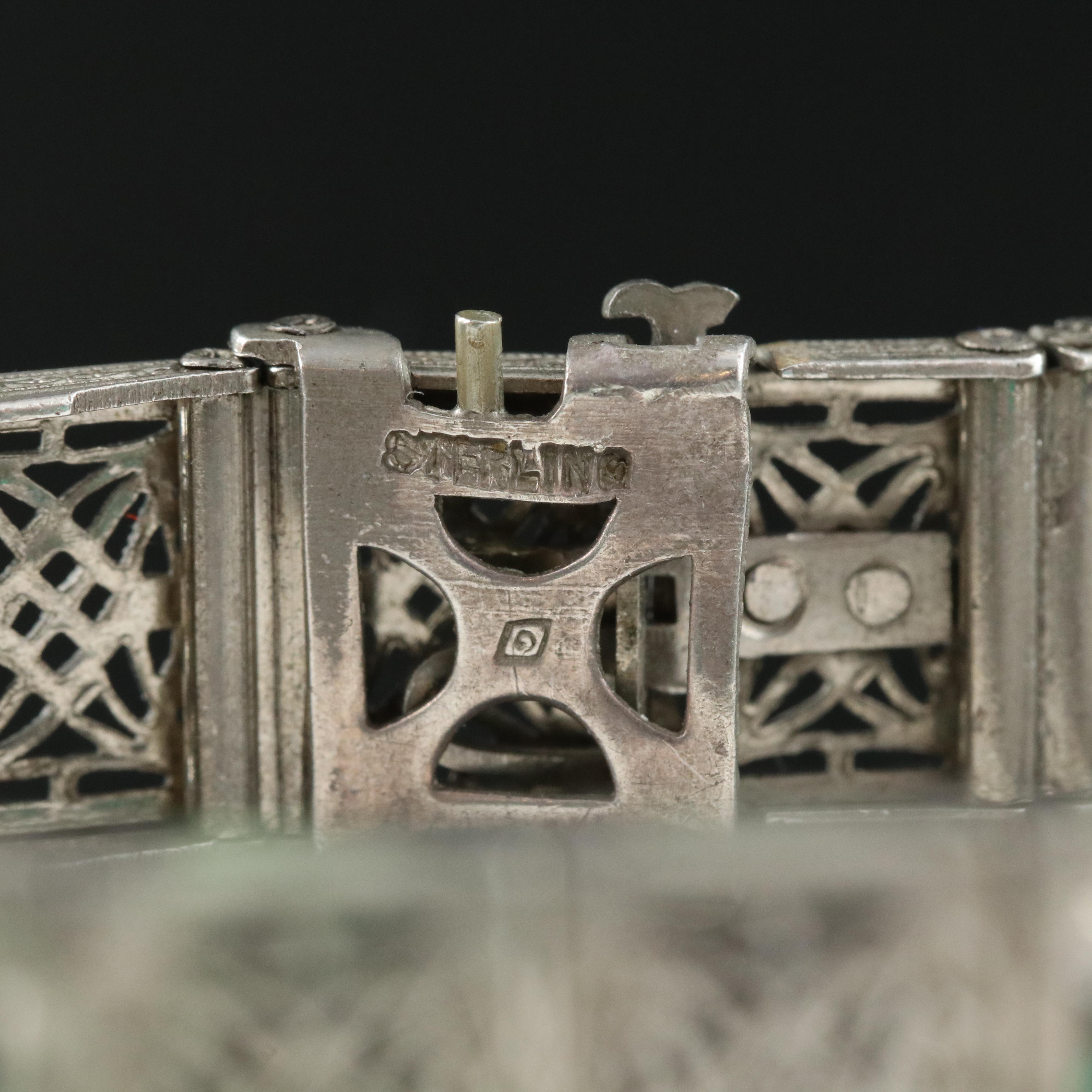 Art Deco Sterling Filigree Bracelet with Glass Paste Accents