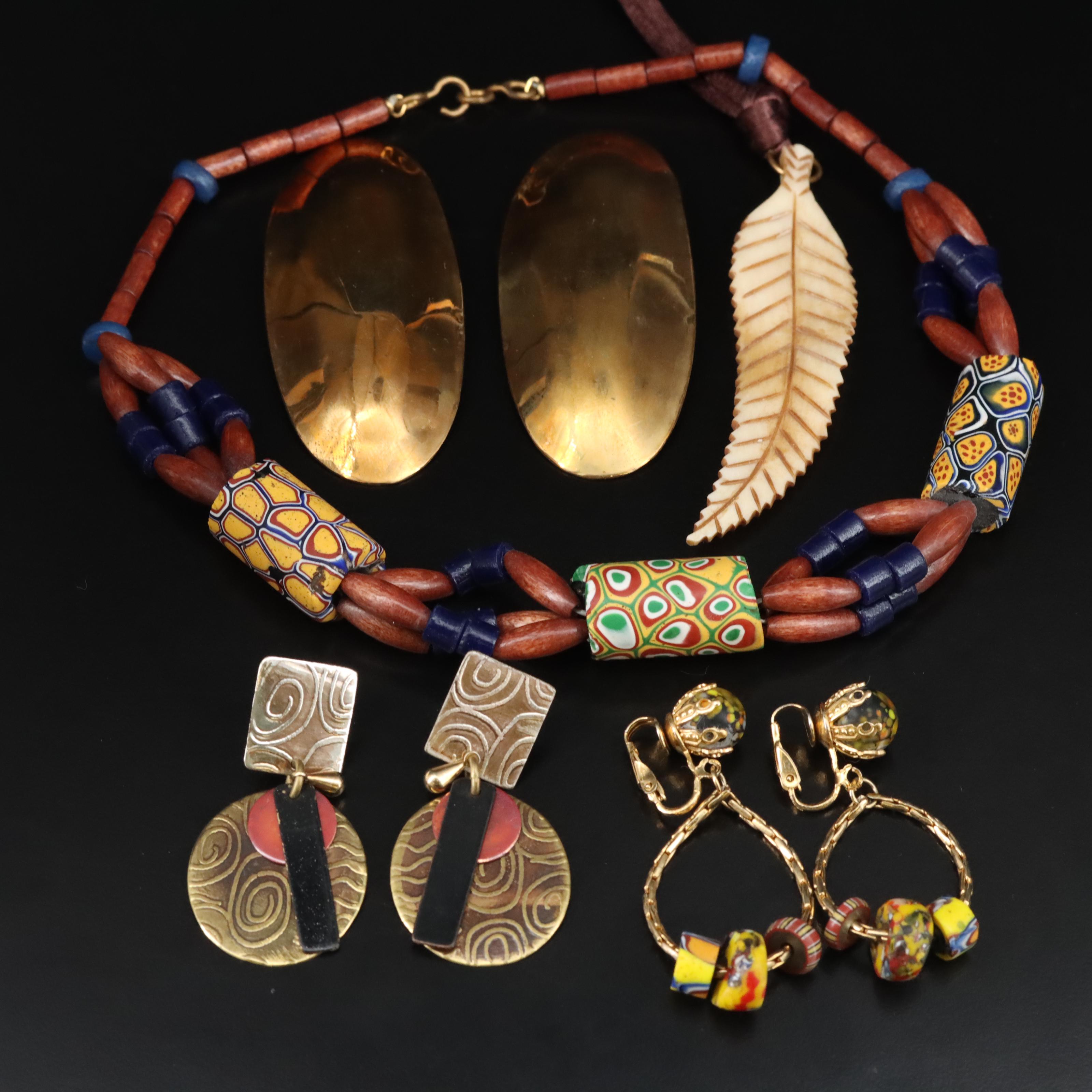 Trade Bead and Carved Bone Necklaces with Earrings