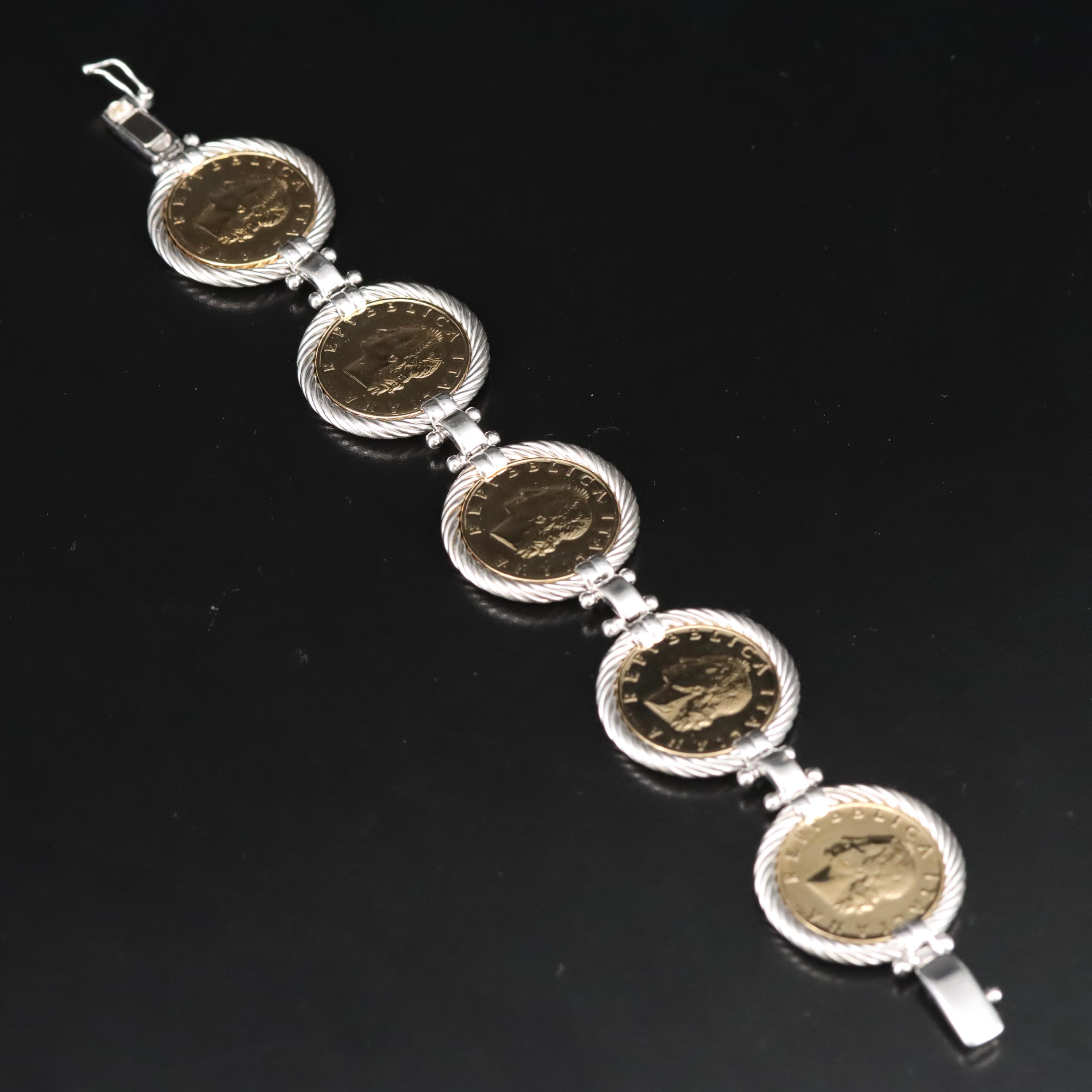 Italian Sterling Bracelet with 20-Lire Italian Coins