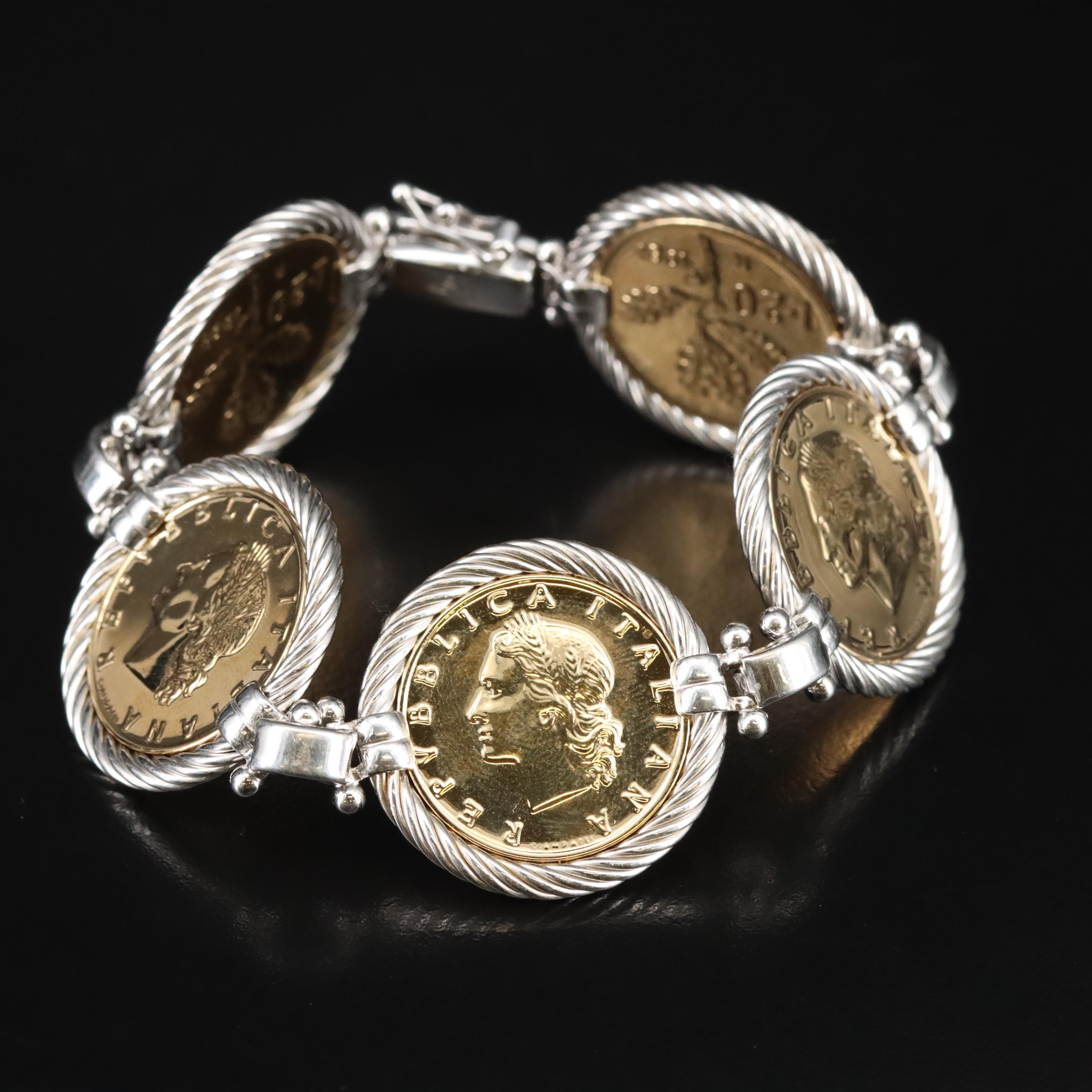 Italian Sterling Bracelet with 20-Lire Italian Coins