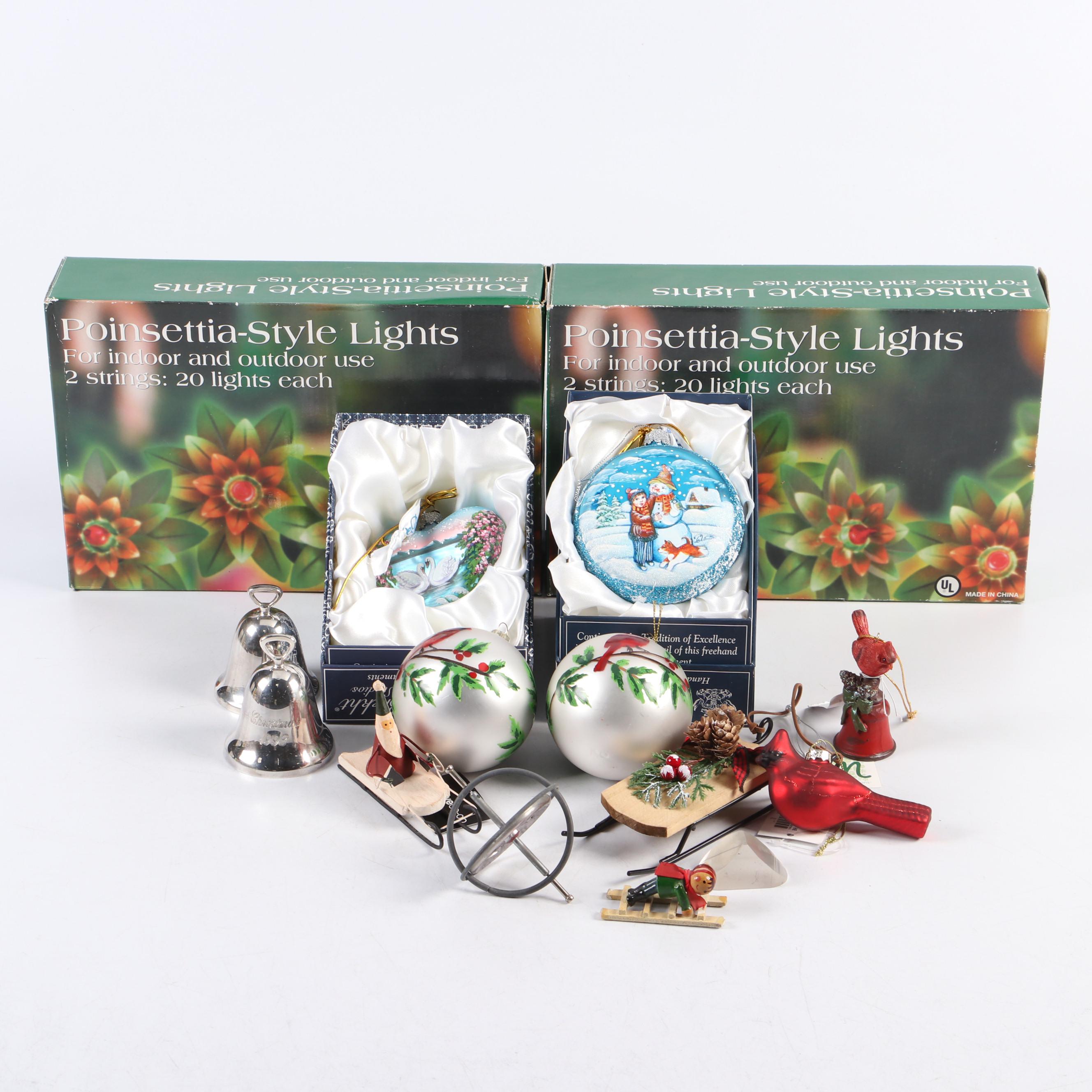 Reed & Barton Silver Plate Bells with Hand-Painted Glass Ornaments and More